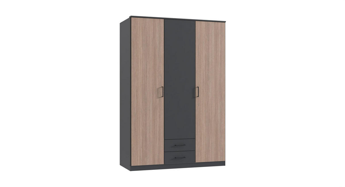 KLEIDERSCHRANK Fulda in Grafit und Multiplex 135x199x58 cm (BxHxT) – Drehtürenschrank 3 türig ohne Glasfront - Braun/Grau, Holzwerkstoff (120/200/80cm)