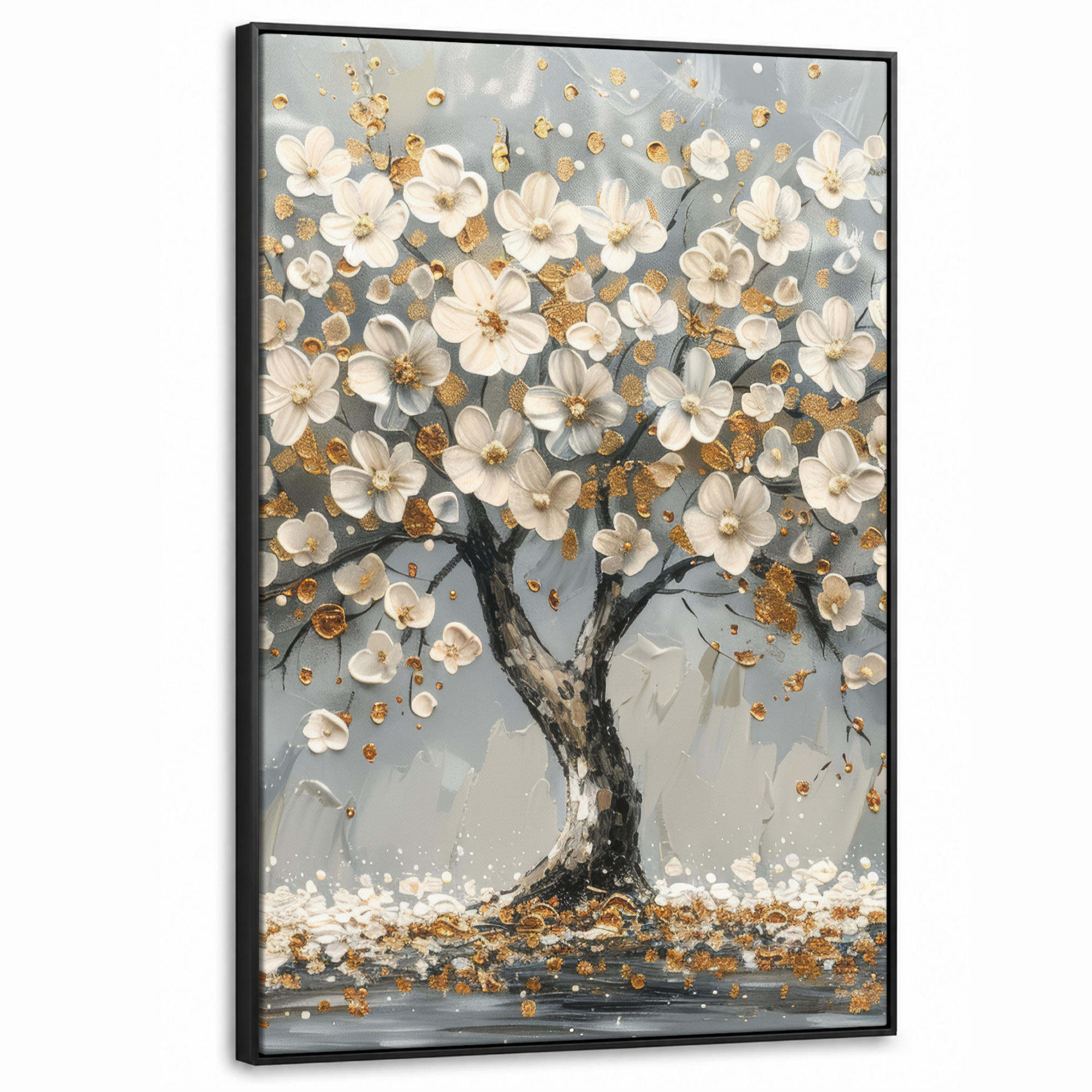 LEINWAND Bilder mit Rahmen - Baum - Blumen - Weiß - Natur - Kunst - 80x120 - Weiß, Textil (80/120cm) - MuchoWow