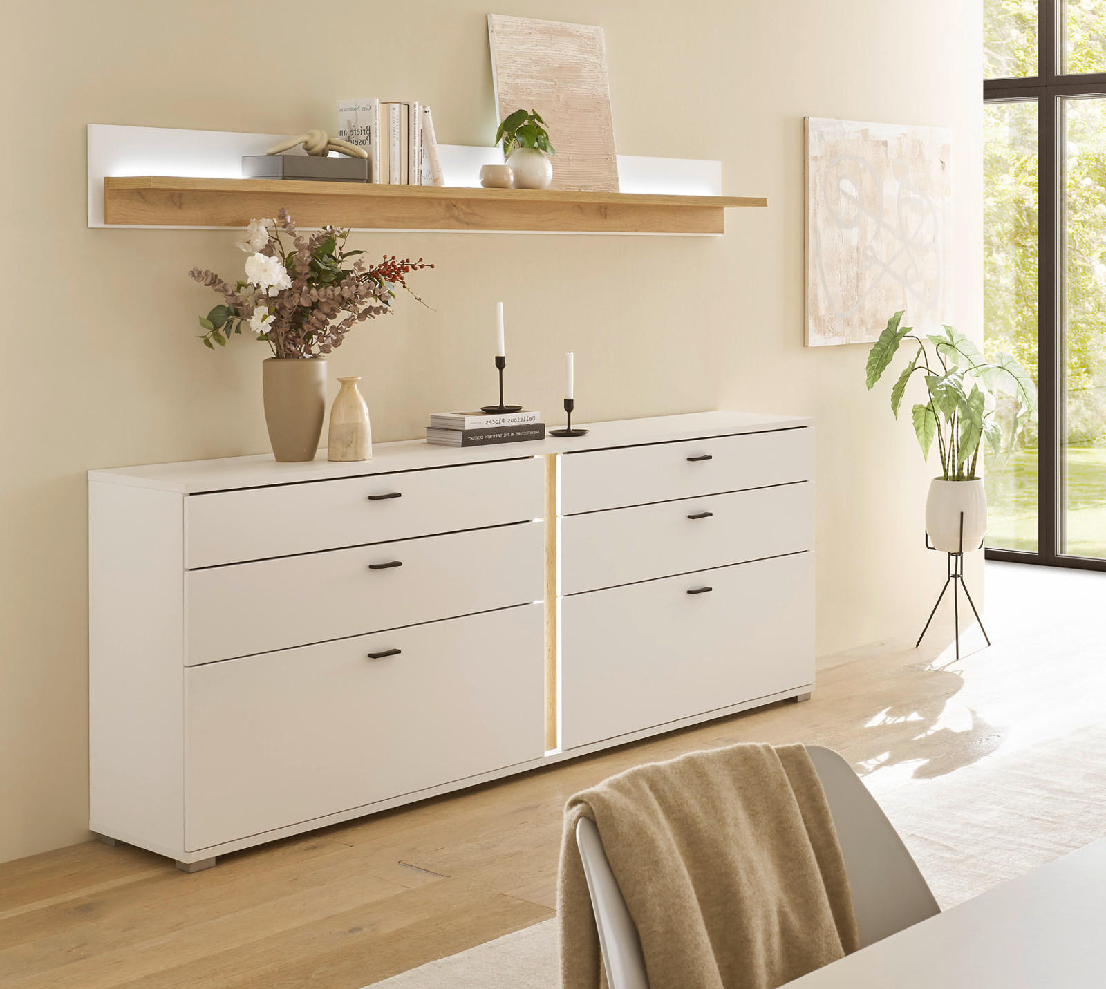 SIDEBOARD weiß matt, Eiche Wotan 200 cm, Kommode inklusive Frontbeleuchtung - Silberfarben/Eiche Wotan, Holzwerkstoff/Kunststoff (200/86/42cm) - Furn.Design