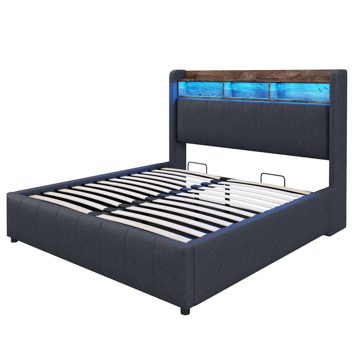 TAPECIRANI krevet 140/200 cm sivi od lana s LED rasvjetom, spremištem i USB/Type-C priključcima - siva, tekstil (140/200cm) - OKWISH