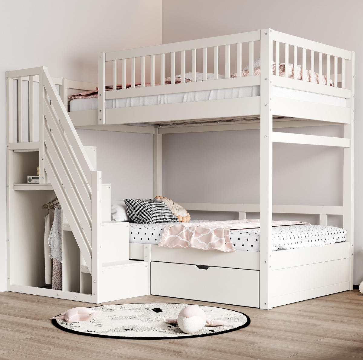 ETAGENBETT 90/200 cm aus Massivholz mit Stauraum und Sicherheitsleiter - Weiß, Holzwerkstoff (90/200cm) - BEAOK