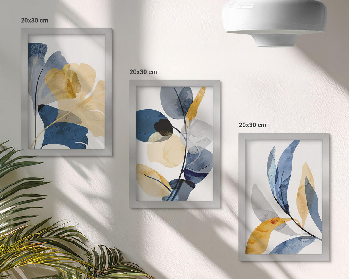 BILDER SET 3er Set - 20x30 cm Silberner Rahmen - Aquarell-Pflanzenmotive - Silberfarben, Kunststoff (20/30cm) - TULUP