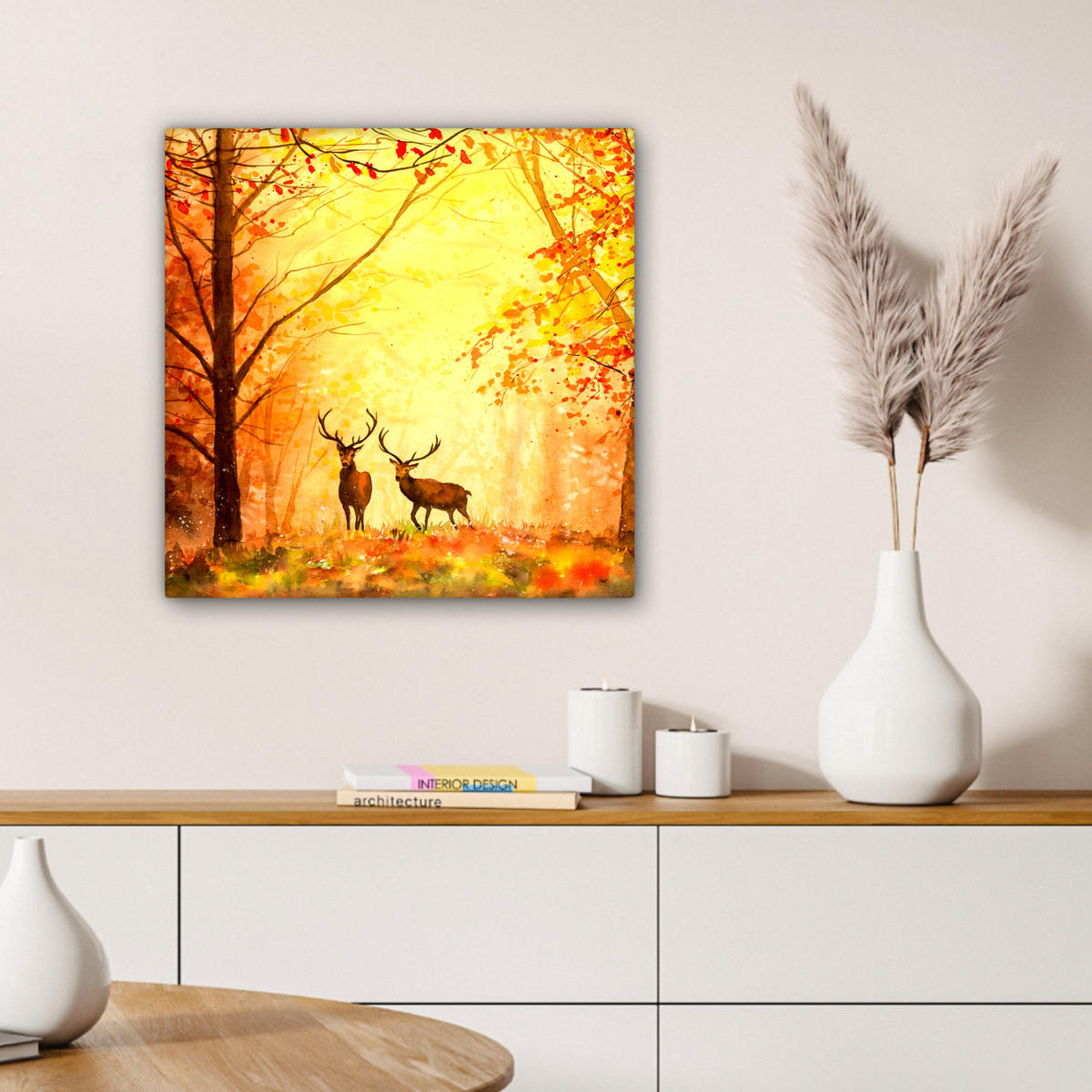 LEINWANDBILD Natur - Ölfarbe - Hirsche - Tiere - Herbst - Orange Wandbild Wohnzimmer 50x50 cm - Orange, Textil (50/50cm) - MuchoWow