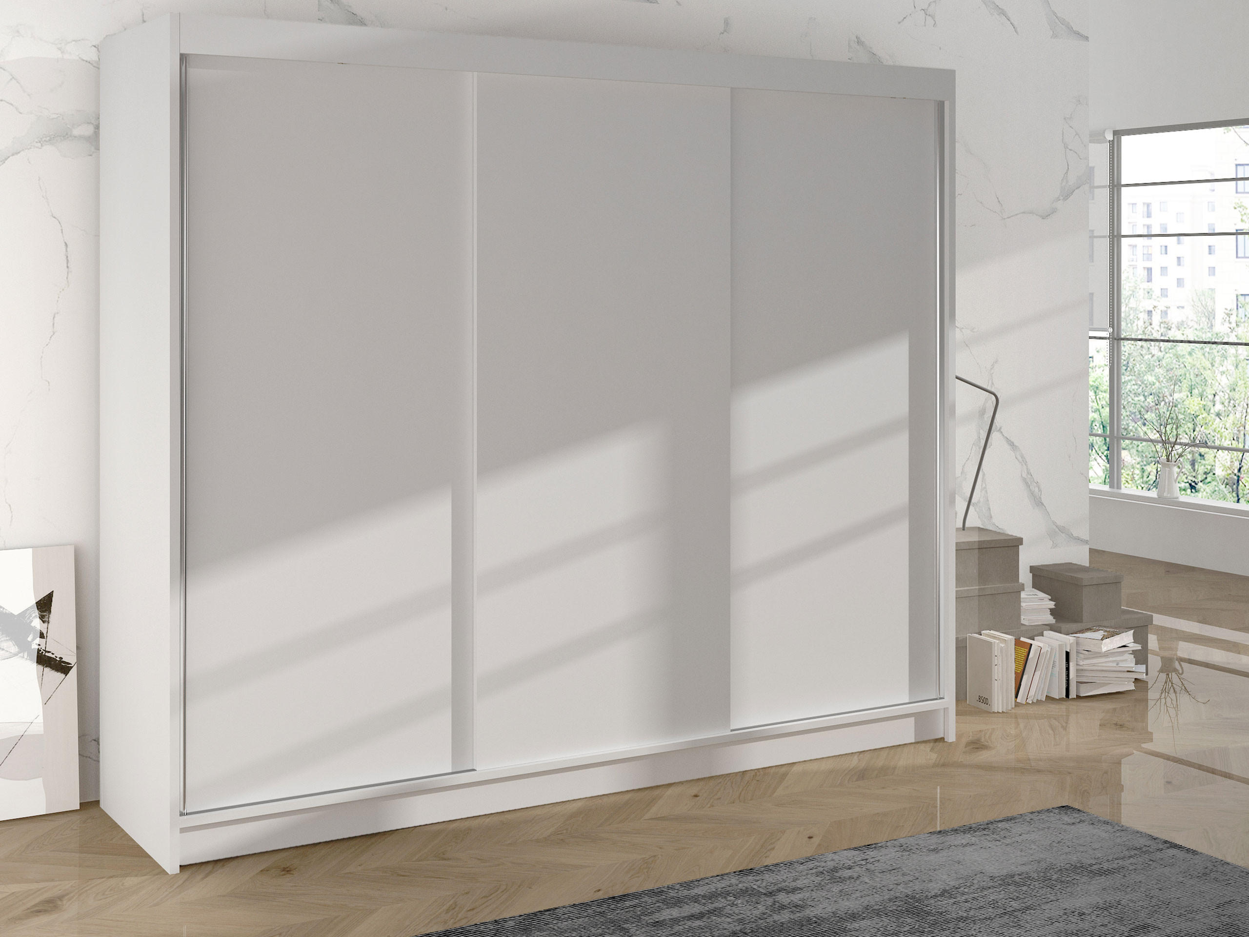 SCHWEBETÜRENSCHRANK Derby II - Weiß, Holzwerkstoff/Metall (200/215/58cm) - MIRJAN24