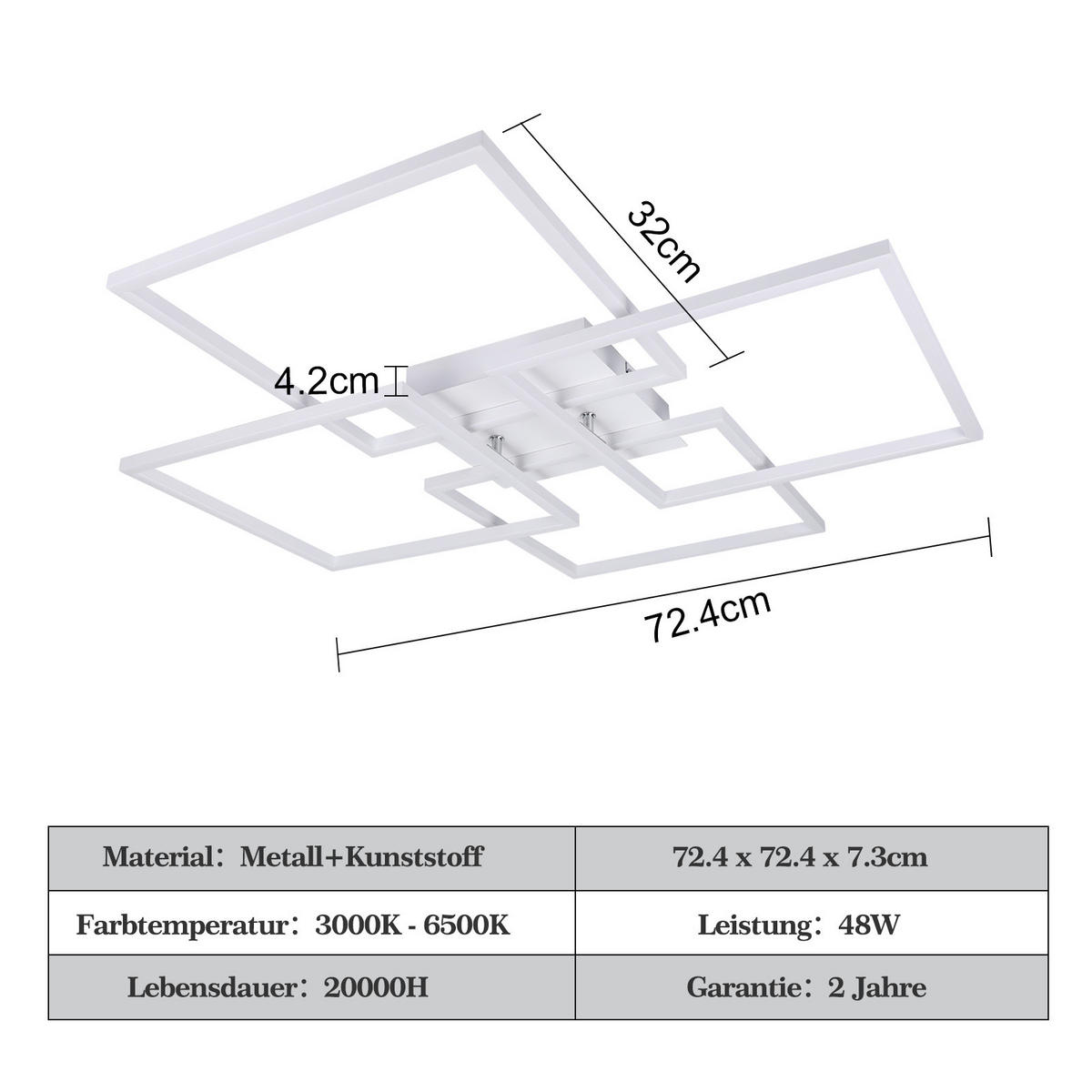 LED-DECKENLEUCHTE Vexlor 72.4/72.4/7.3 cm - Weiß, Metall (72.4/72.4/7.3cm) - ZMH