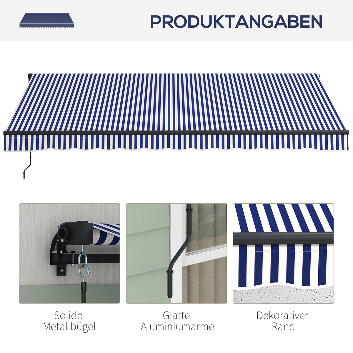 MARKISE, Blau+Weiß, Polyesterstoff, Aluminium - Blau, Metall (300/1/396cm) - Outsunny