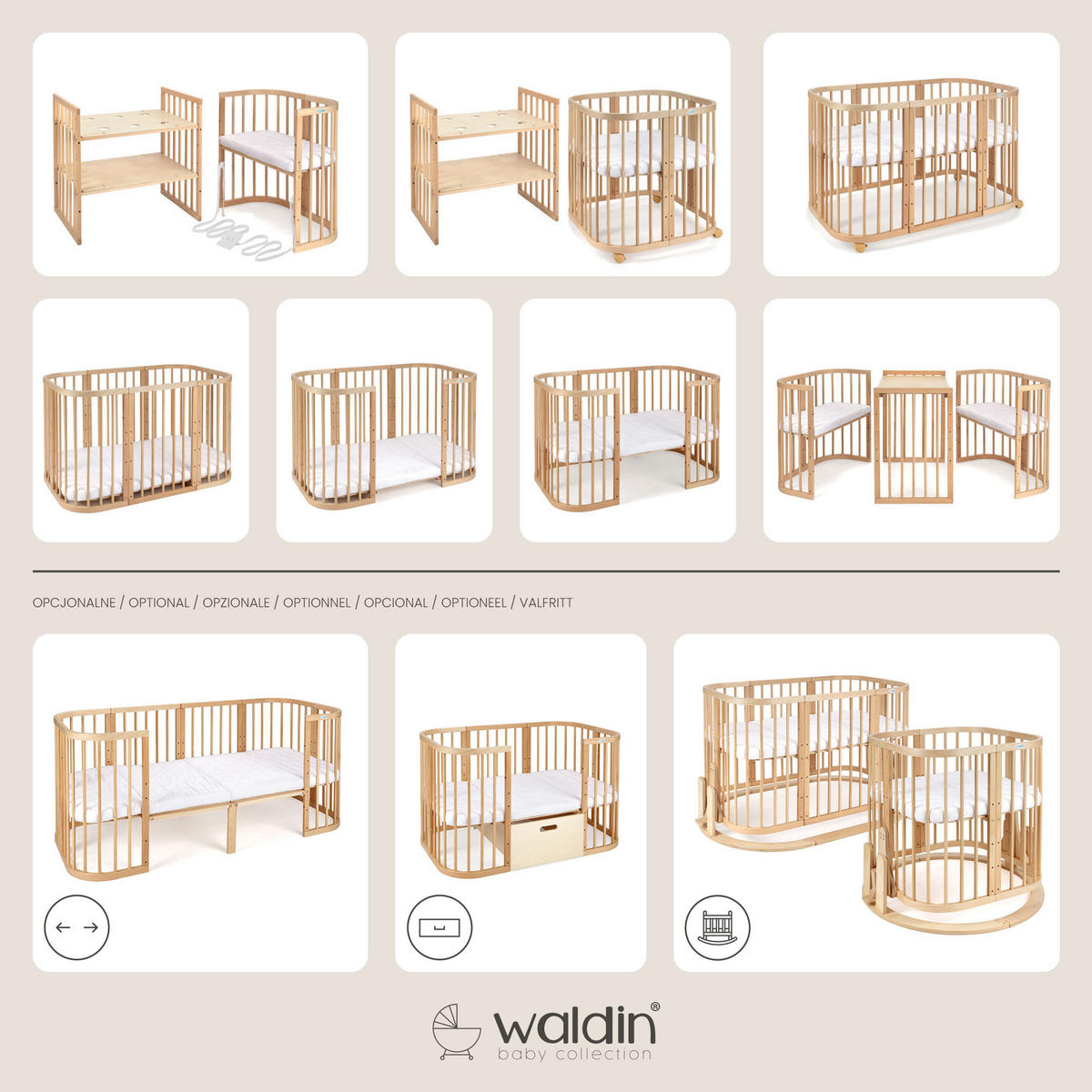 BABYBETT NATUR, 7in1 mit Matratze - Naturfarben/Grau, Holz (73/123cm) - waldin