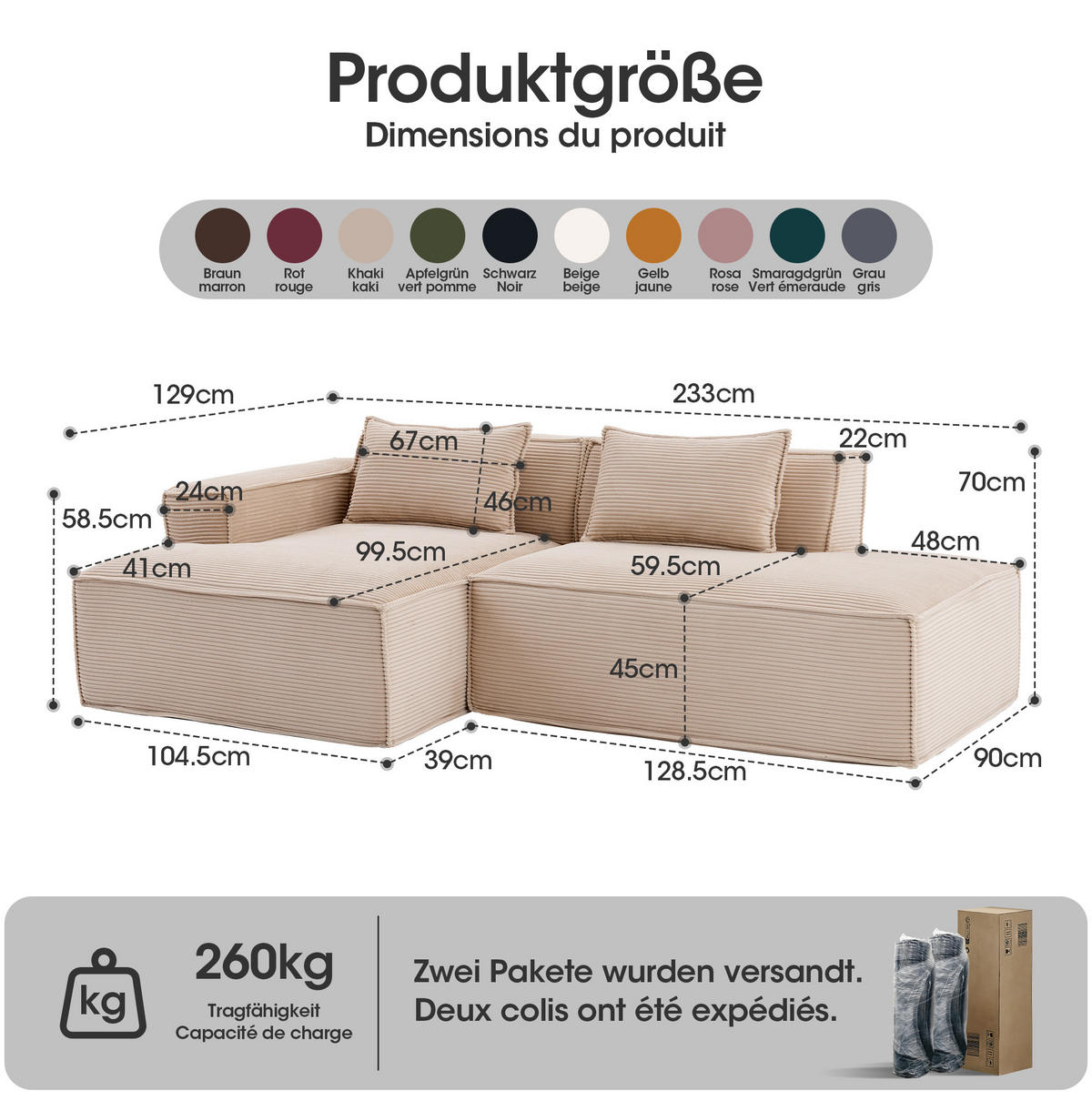 3-SITZER-SOFA aus Polyester 235 cm Khaki mit elastischer Federkern-Polsterung und pflegeleichtem Bezug - Beige, Textil (235/70/129cm) - Modfu