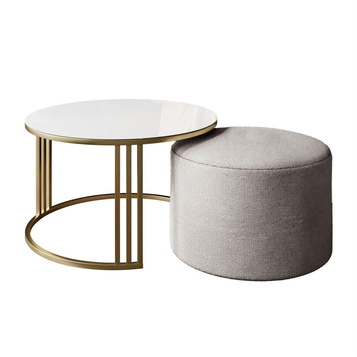 COUCHTISCH mit Hocker LORI GLASS gebürstetes Gold/weißes Glas/Perfect Harmony 82 - Weiß, Metall (70/70/49cm) - Lookway