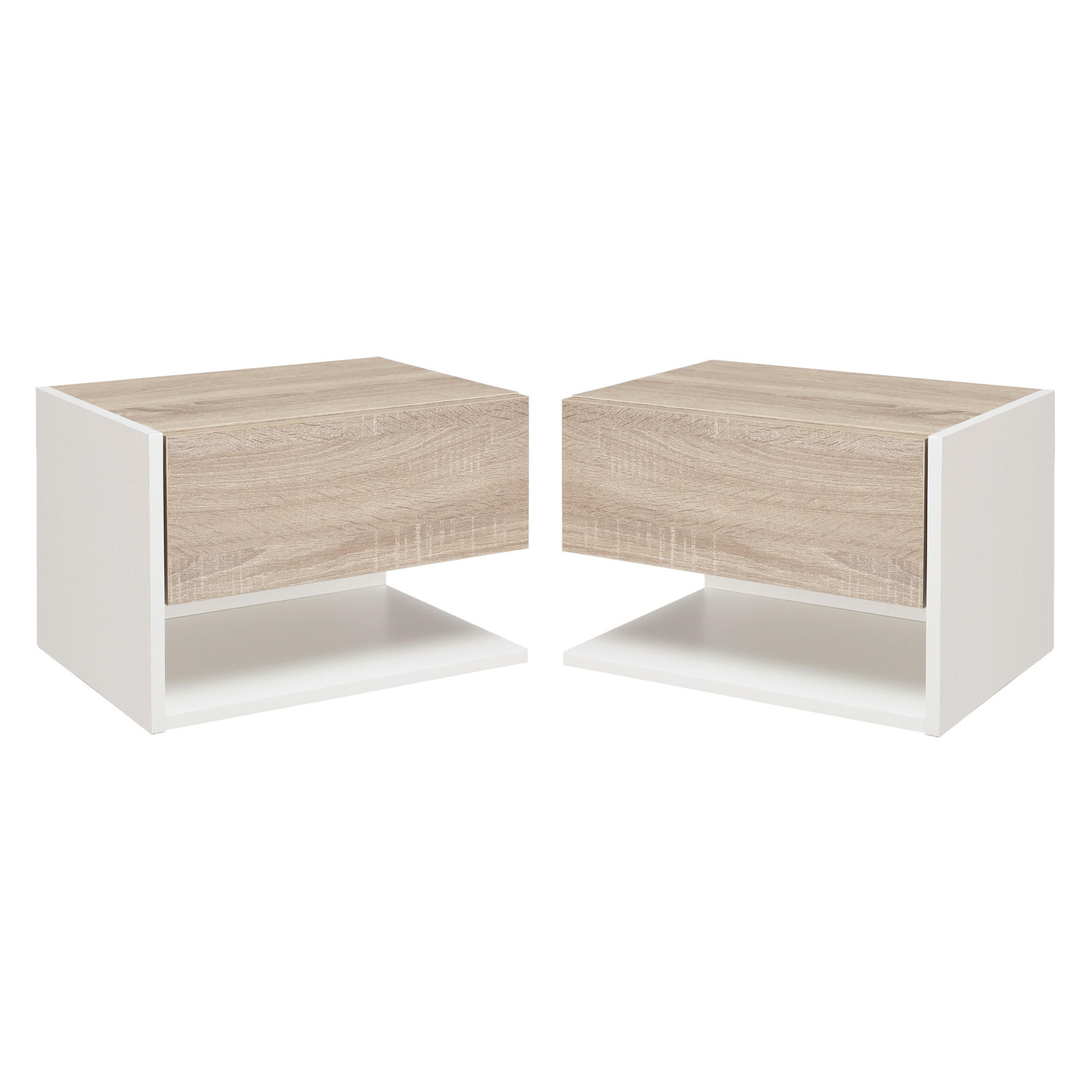 NACHTSCHRANK 2er-Set DE-12786 Schublade und offenes Fach Weiß/Eiche hell - Multicolor, Holzwerkstoff (30/30/46cm) - ComfortXL