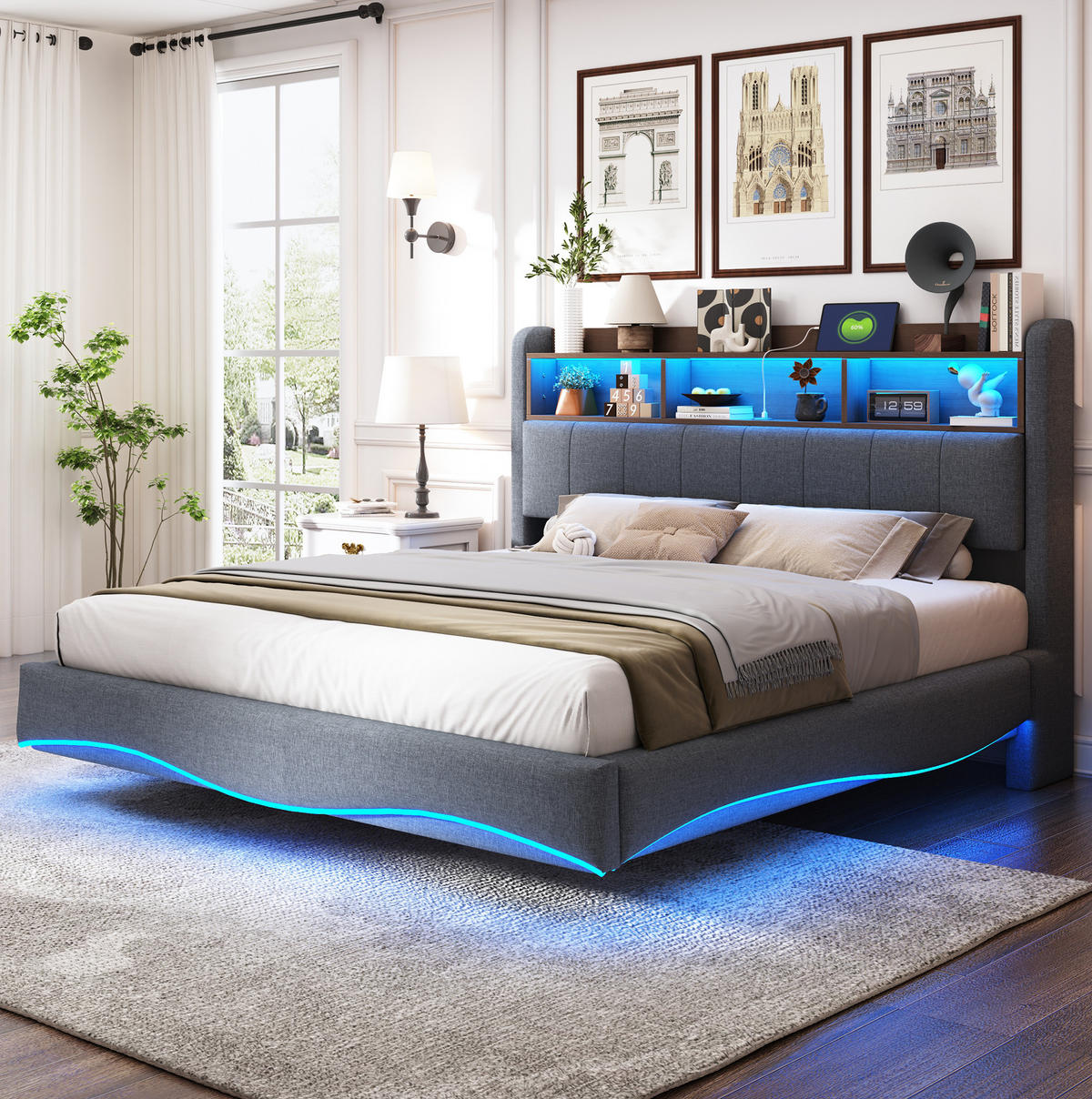 ČALÚNENÁ posteľ z látky, 211,5/160/110,5 cm sivá, s LED osvetlením, USB a USB-C - sivá, textil (160/200cm) - BEAOK