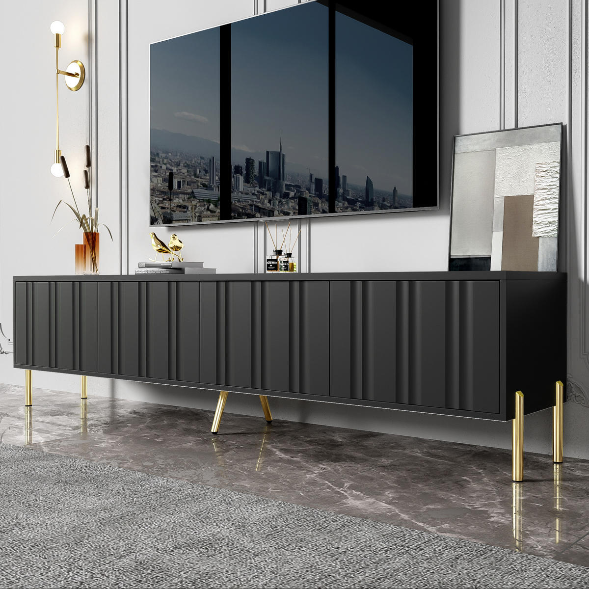 TV-SCHRANK in Schwarz mit goldfarbenen Füßen 190/38/48 cm - Schwarz, Holzwerkstoff (190/48/38cm) - Redom