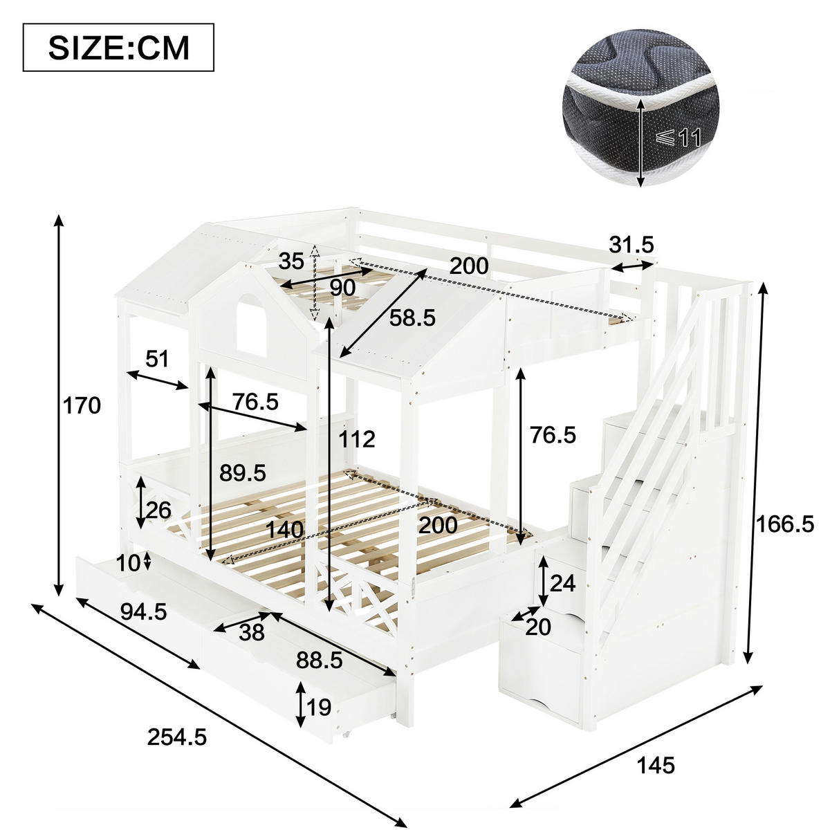 ETAGENBETT 90/200 cm und 140/200 cm Weiß mit Schubladen und Spielhaus-Dach - Weiß, Holzwerkstoff (90/200cm) - OKWISH