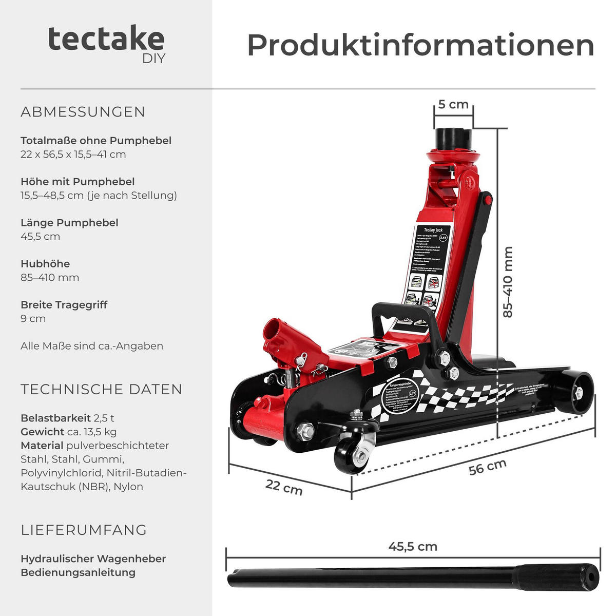 HYDRAULISCHER WAGENHEBER Jack, drehbarer Auflageteller, Gummiaufsatz mit Nut und Profil, schwarz/rot - Rot/Schwarz, Metall (56.5/22/41cm) - tectake