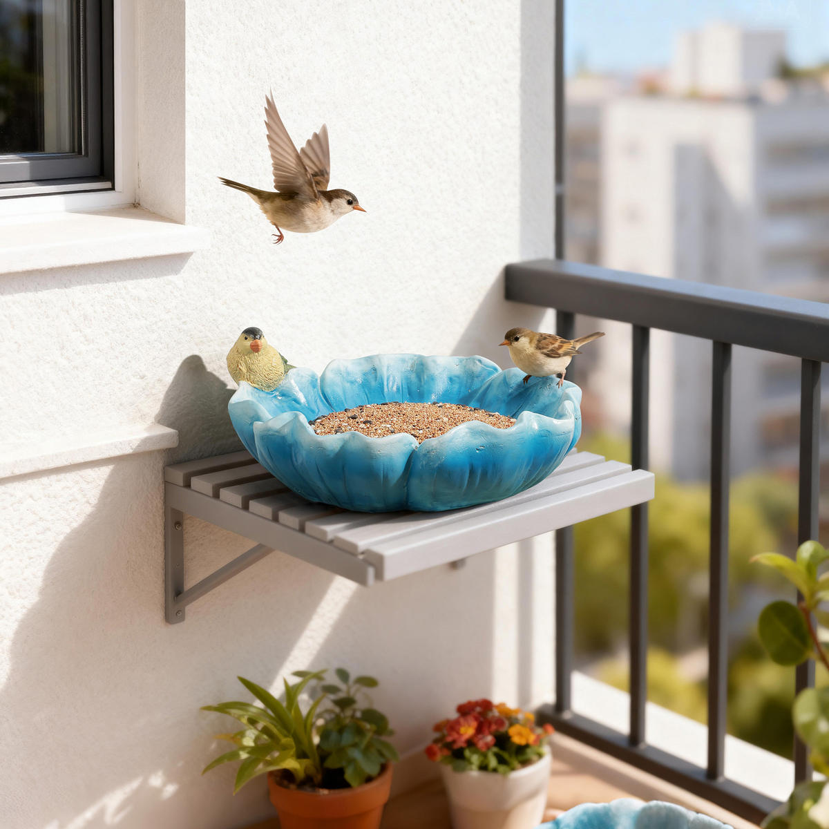 VOGELFUTTERSPENDER in Form einer blauen Lotusblüte mit Deko-Vogel 40x37cm Dekoration für Balkon und Hof - Multicolor, Naturmaterialien (39.5/16/37cm) - Hometopia