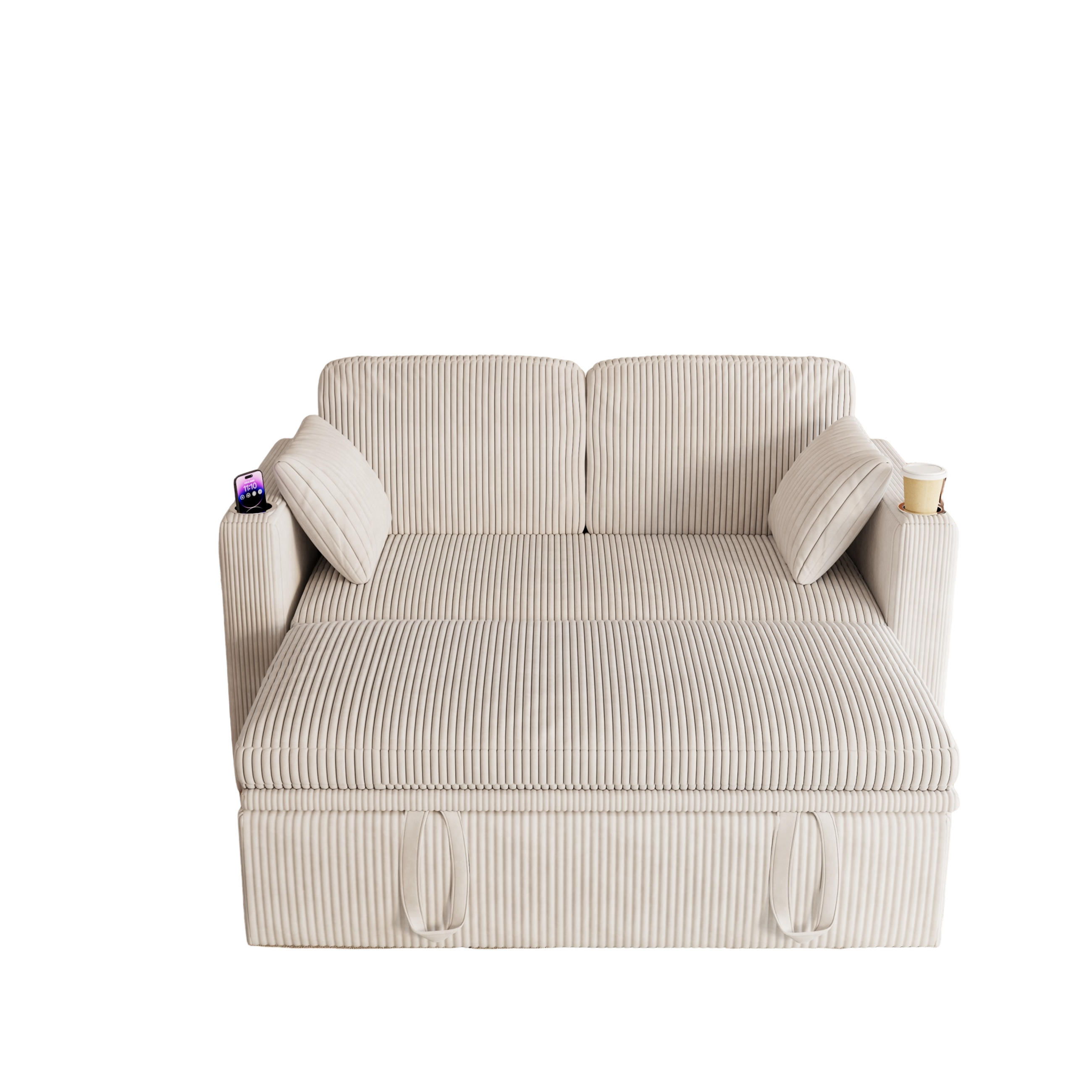 SCHLAFSOFA 145/72/85,5 cm Weiß Cordbezug mit Getränkehalter, kleinem Tisch und Aufbewahrungstasche - Weiß, Textil (72/85.5/145cm) - Oxeza