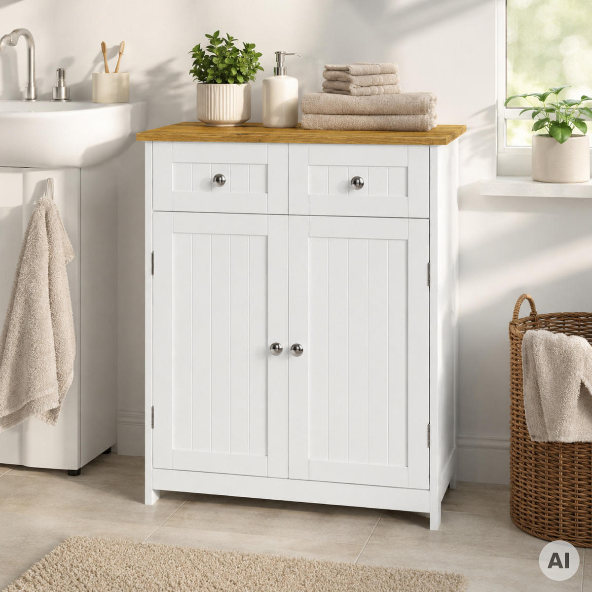 BADEZIMMERSCHRANK MDF Weiß Eiche 2 Schubladen 2 Türen 60x30x75 cm - Hellbraun/Weiß, Holzwerkstoff (60/75/30cm) - Begryf