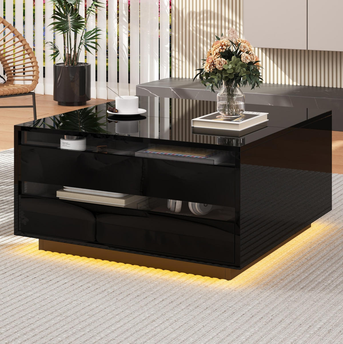 KLUBSKA miza, 70/70/38 cm, črna, z dvižno ploščo, predalom in LED osvetlitvijo - črna, leseni material (70/70/38cm) - BEAOK