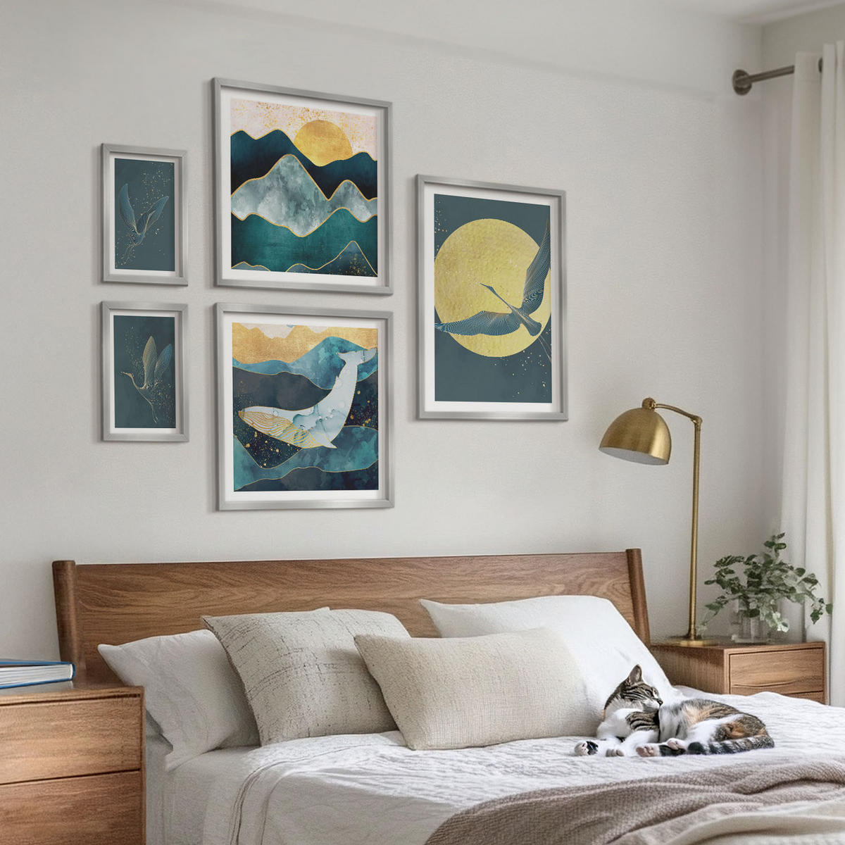 WANDBILDER 5er Set - 50x50 cm & 20x30 cm & 40x60 cm Silberner Rahmen - Vögel, Kraniche, Mond, Berge - Silberfarben, Kunststoff (40/60cm) - ArtPrintCave