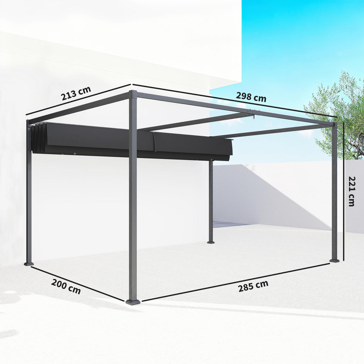 PERGOLA Pavilon polyester černý+šedý - černá, kov/plast (213/221/298cm) - Outsunny