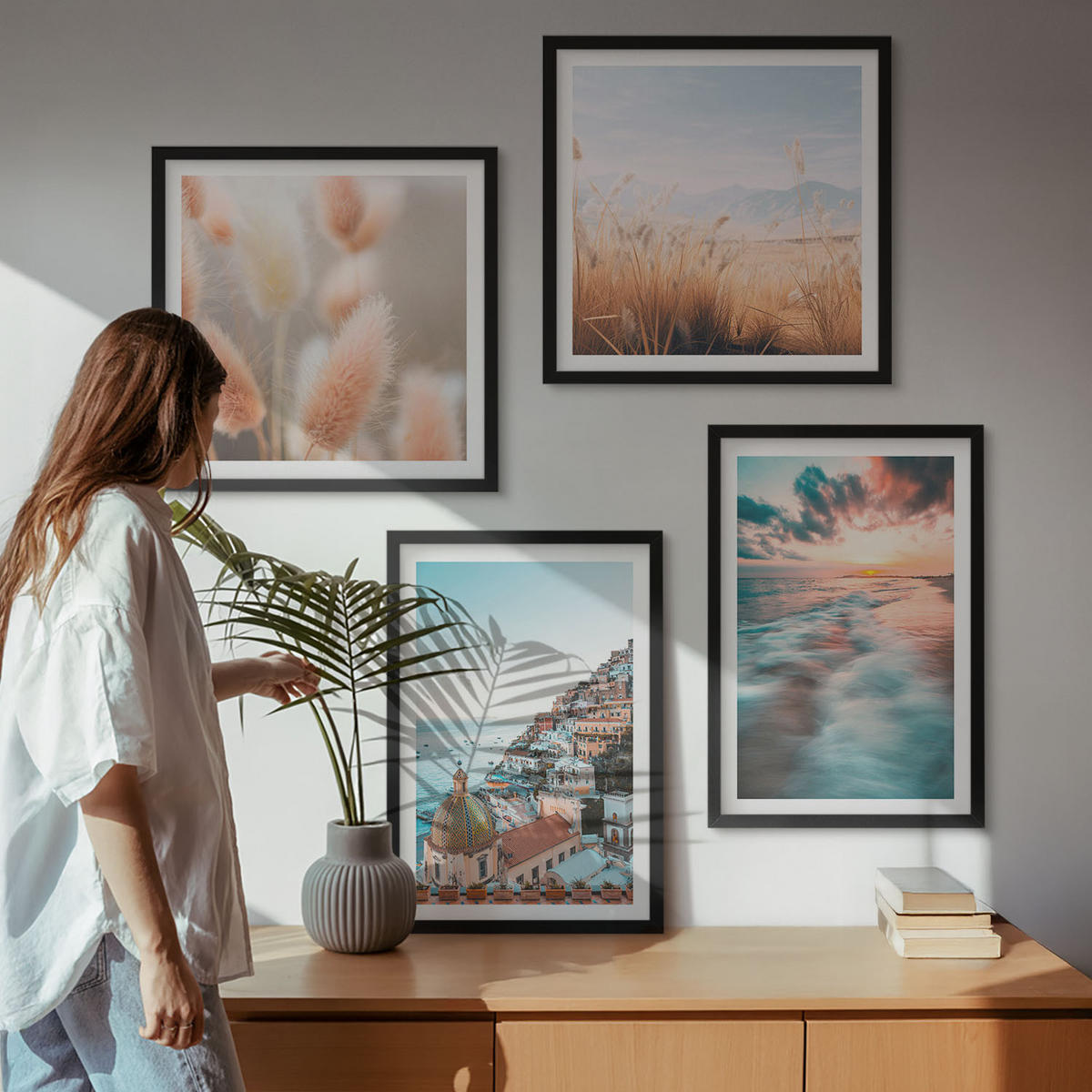 BILDER SET 4er Set - 50x50 cm & 40x60 cm Schwarzer Rahmen - Sonnenuntergang am Meer, Häuser, Blumen - Schwarz, Kunststoff (50/50cm) - TULUP