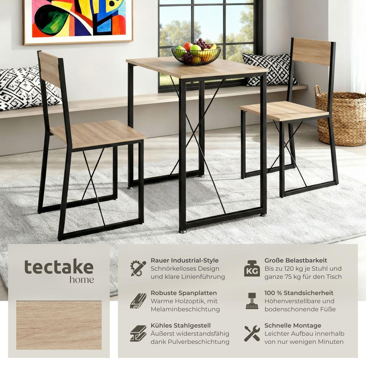 SITZGRUPPE Margate, mit höhenverstellbaren Kunststofffüßen, Industrial Holz hell, Eiche Sonoma - Naturfarben, Holzwerkstoff (80/90/138cm) - tectake