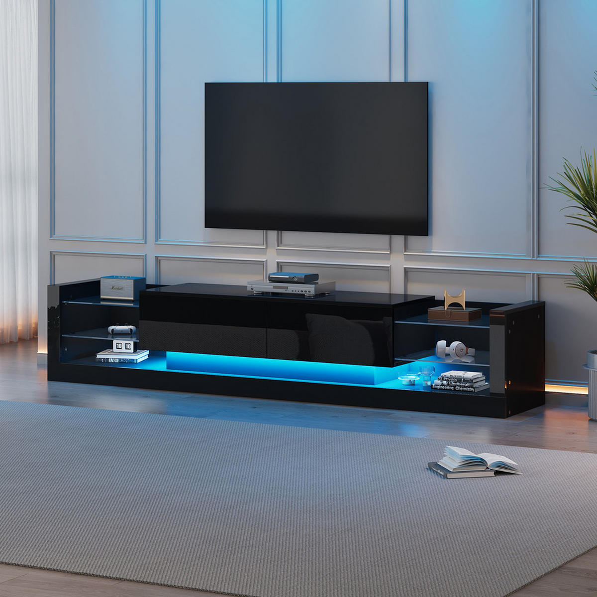 TV-SCHRANK 181cm LED Schwarz Glas 70-79 Zoll 2 Schubladen - Schwarz, Holz (45.72/15.88/101.6cm) - FLIEKS