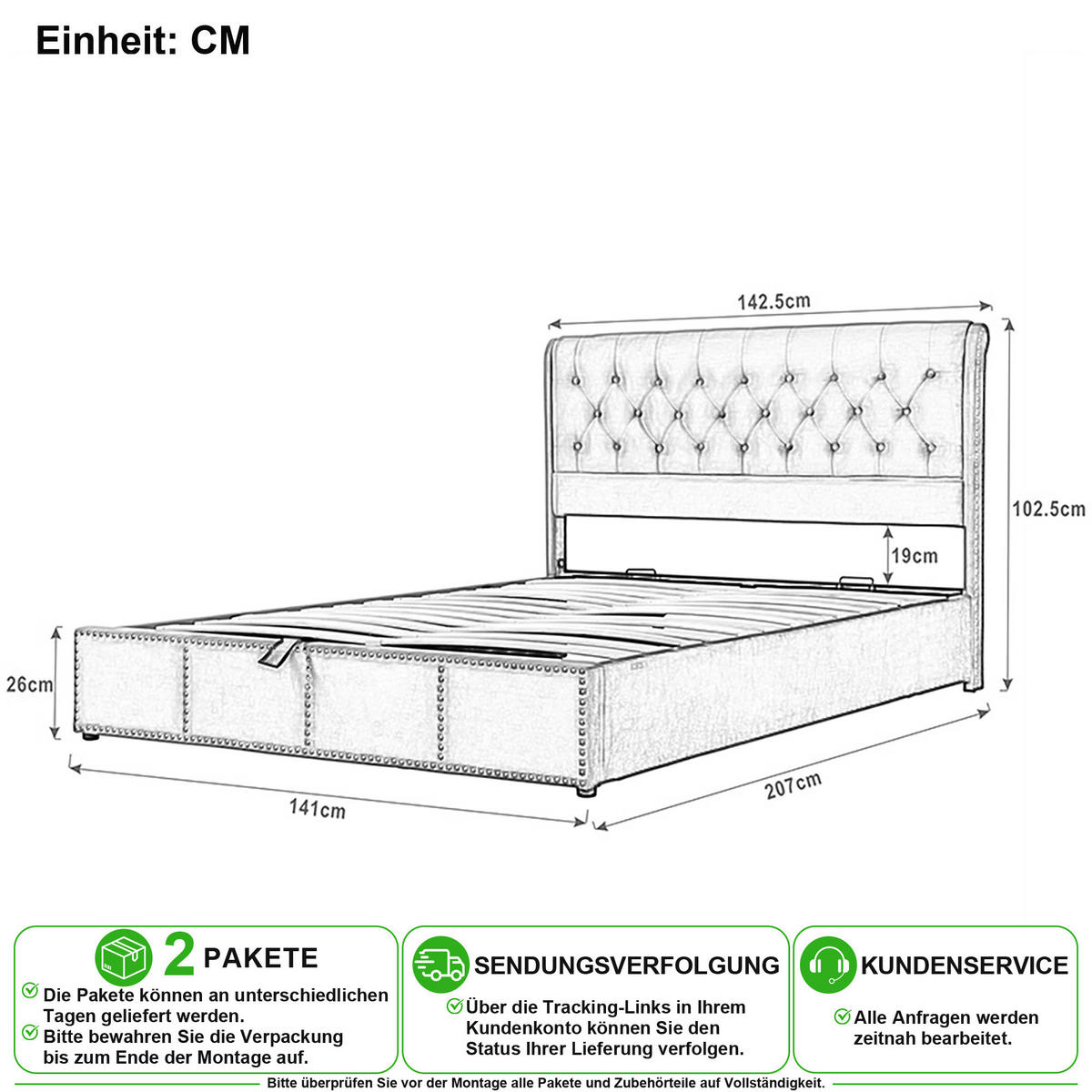 POLSTERBETT 140/200 cm in Grau Leinen mit Bettkasten und Nieten - Hellgrau, Holzwerkstoff/Textil (140/200cm) - CHICFURN