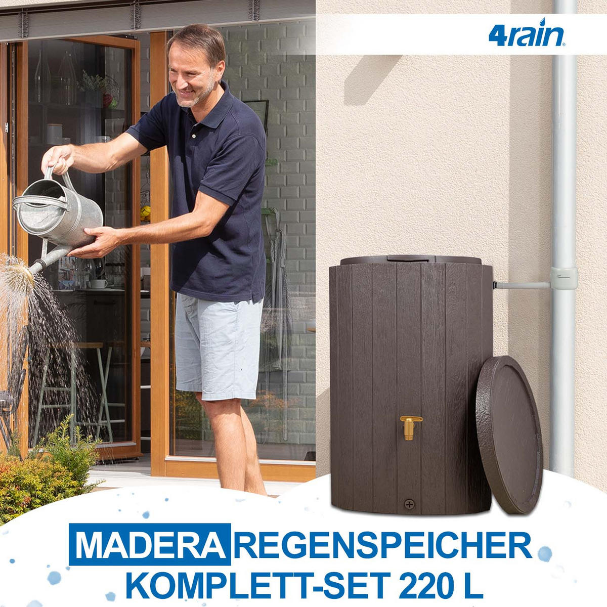 REGENTONNEN Komplett-Set 220 L braun inkl. Kunststoff-Auslaufhahn und Fallrohranschluss - Braun, Kunststoff (57/93/59cm) - 4rain
