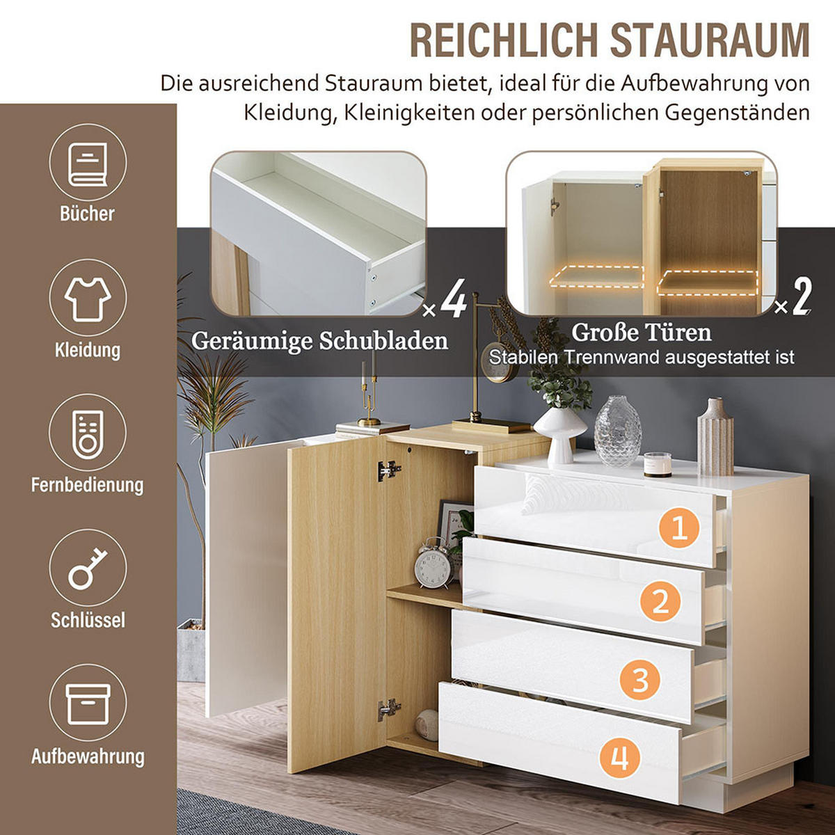 SIDEBOARD in Weißes Hochglanz, Minimalistischer - Weiß, Holz (37.5/87/150cm) - KOMHTOM