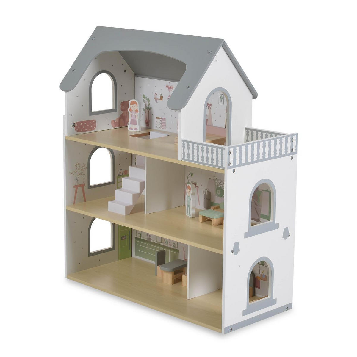 Moni PUPPENHAUS Ema weiß 61 x 26 cm, 11 Möbelstücke, 2 Puppenfiguren ...
