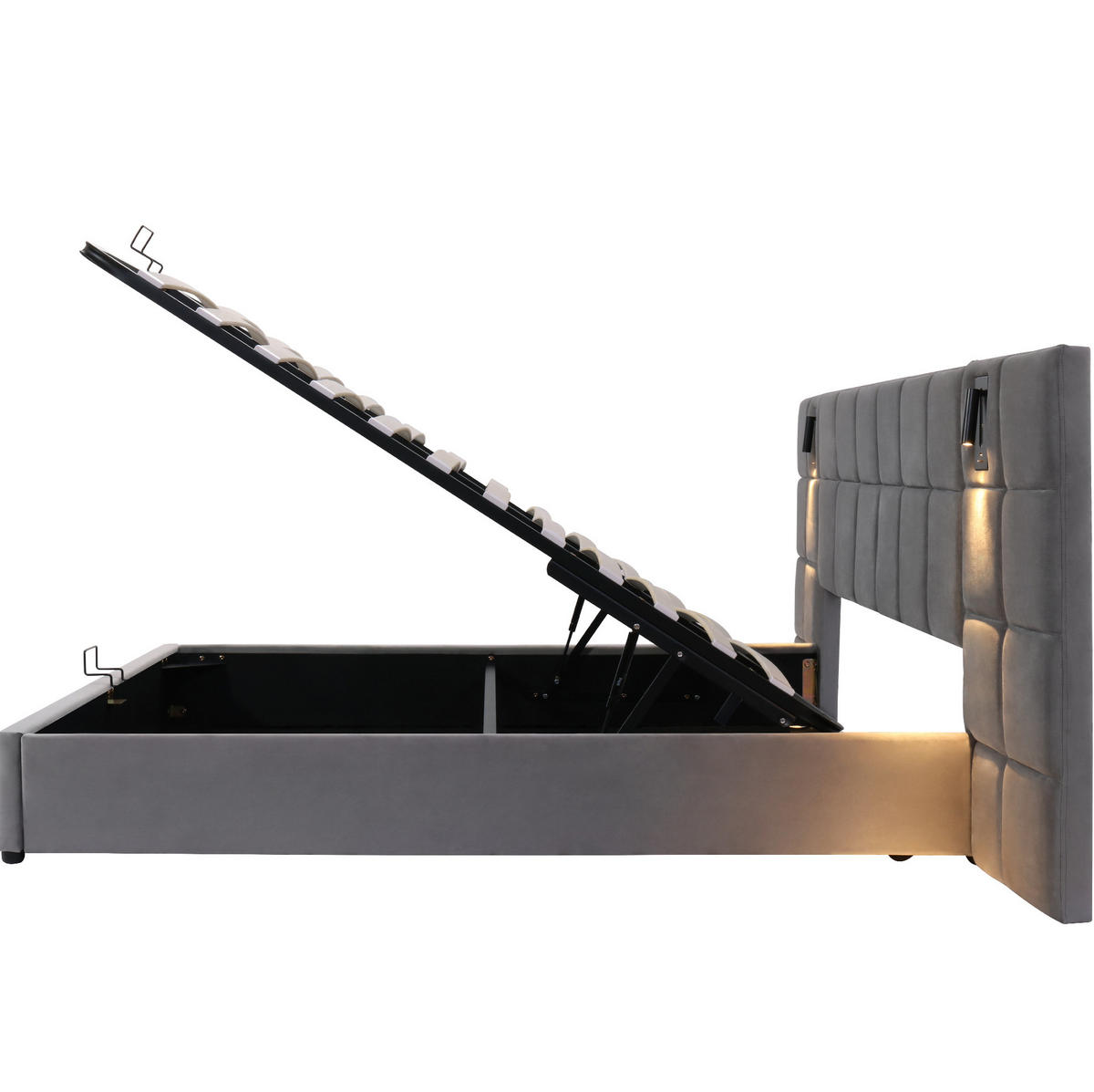 POLSTERBETT 160/200 cm mit hydraulischem Bettkasten, LED-Leselicht & USB, Grau - Grau, Metall (160/200cm) - Redom