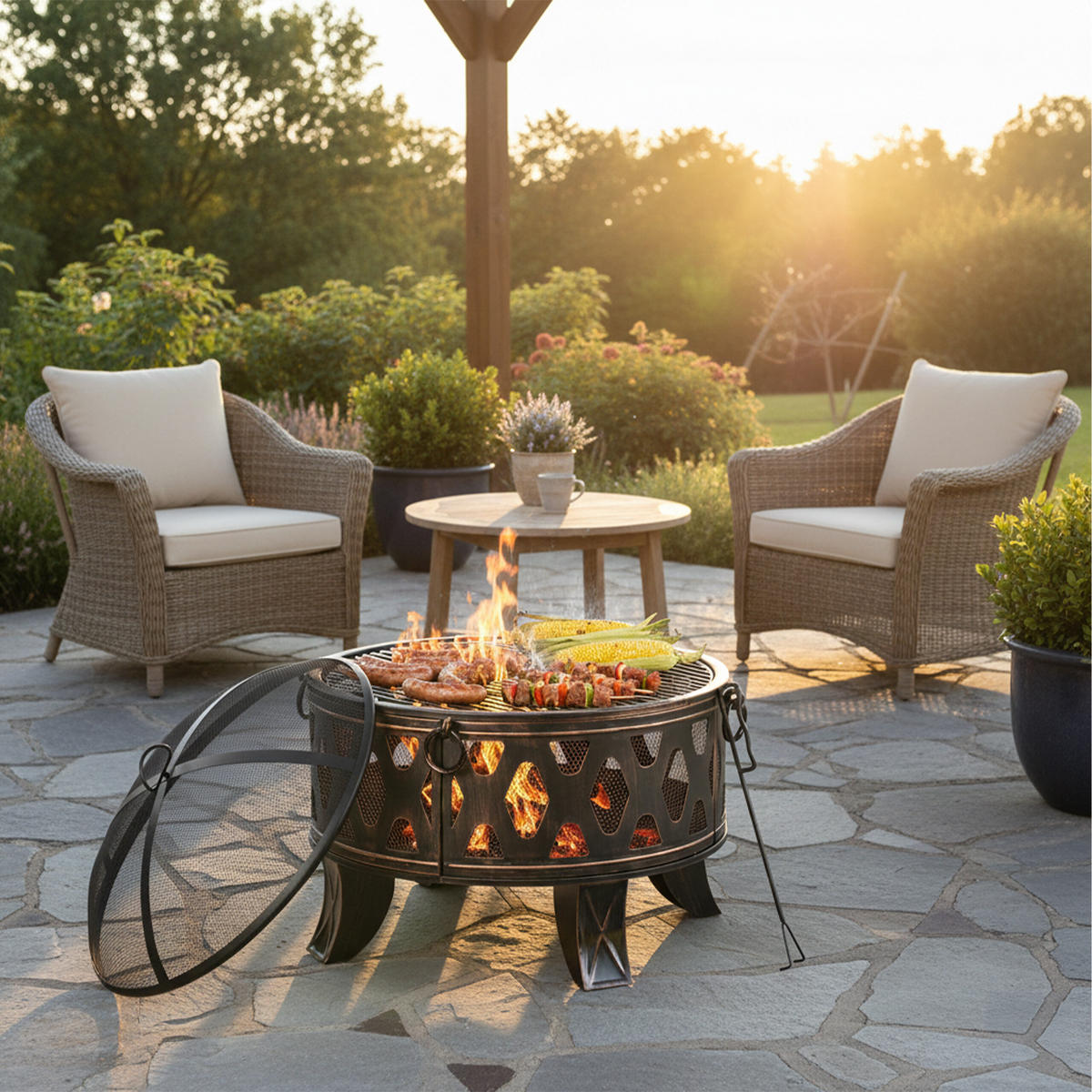 FEUERSCHALE Schwarz Bronze mit Funkenschutz Grillrost - Schwarz, Metall (66/58/66cm) - Relaxdays
