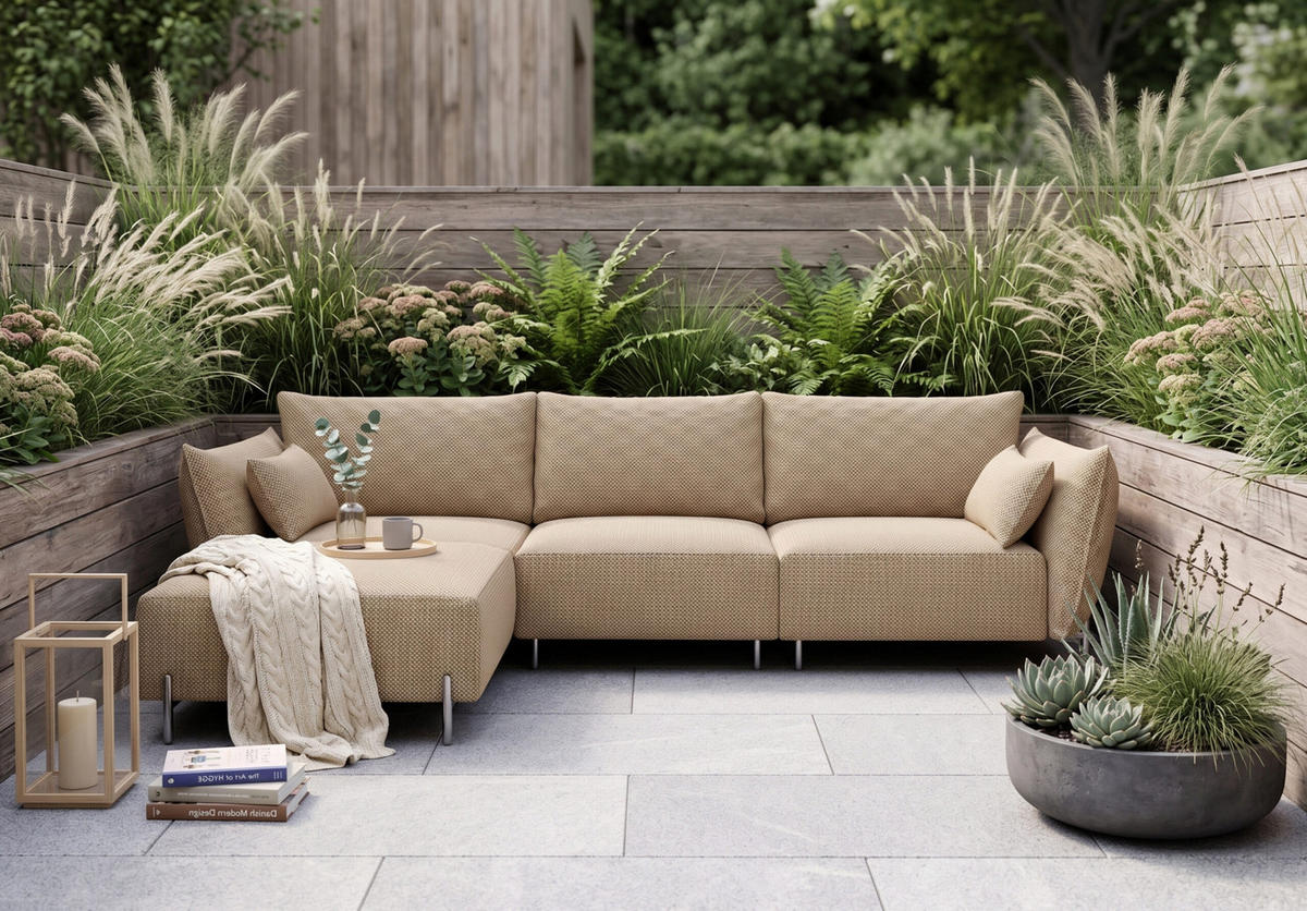 GARTENECKSOFA für Terrasse und Garten, Stoff Sunlight, Toffee, Links, SUNMEE - Braun, Holz (238/90/165cm) - Kaiser Möbel