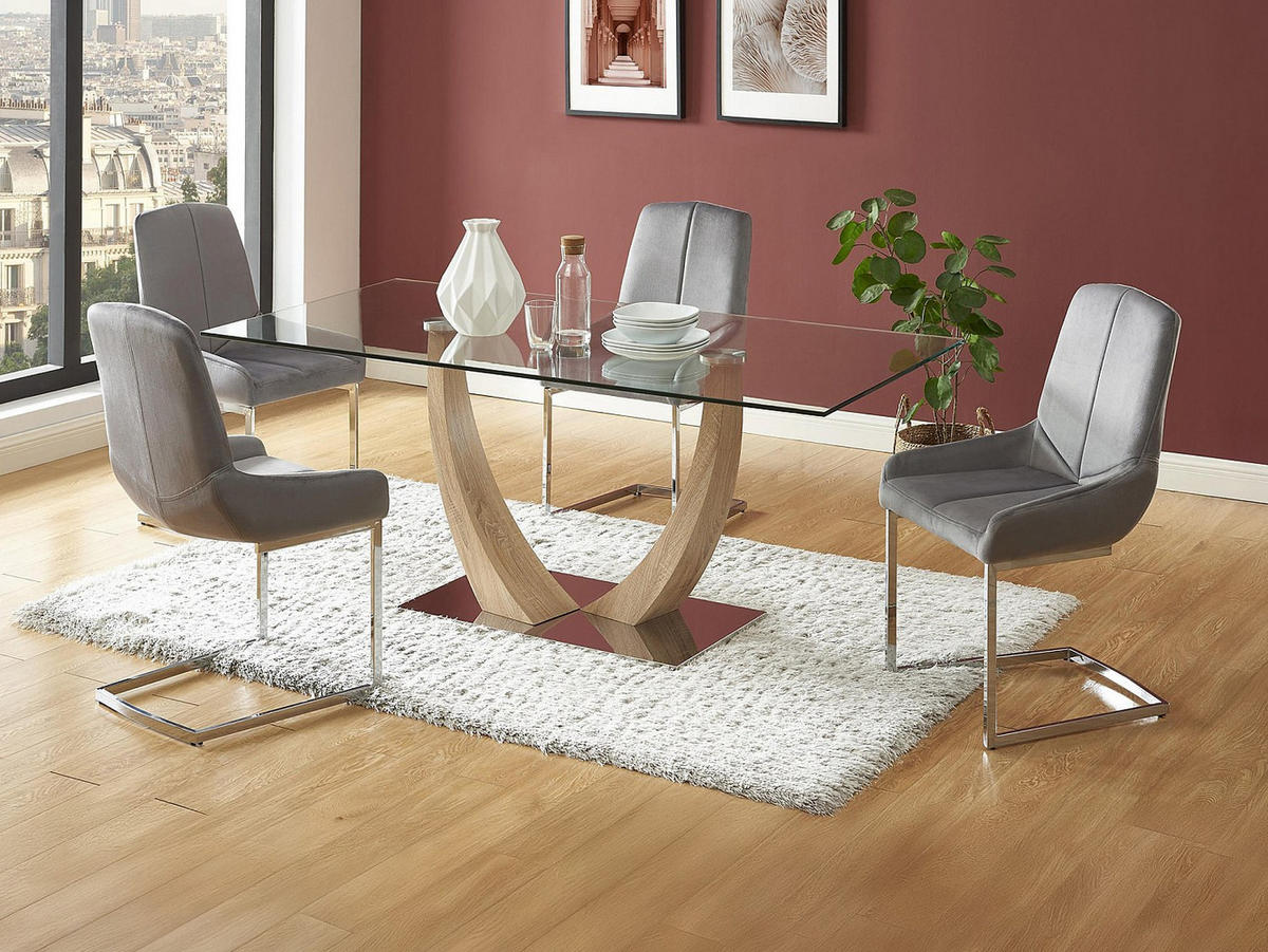 SET aus feststehendem Tisch und Stuhl - 6 -Sitzer - Sicherheitsglas - transparent, naturfarben hell - MELODIE - Transparent, Glas (180/75/90cm) - Vente-Unique