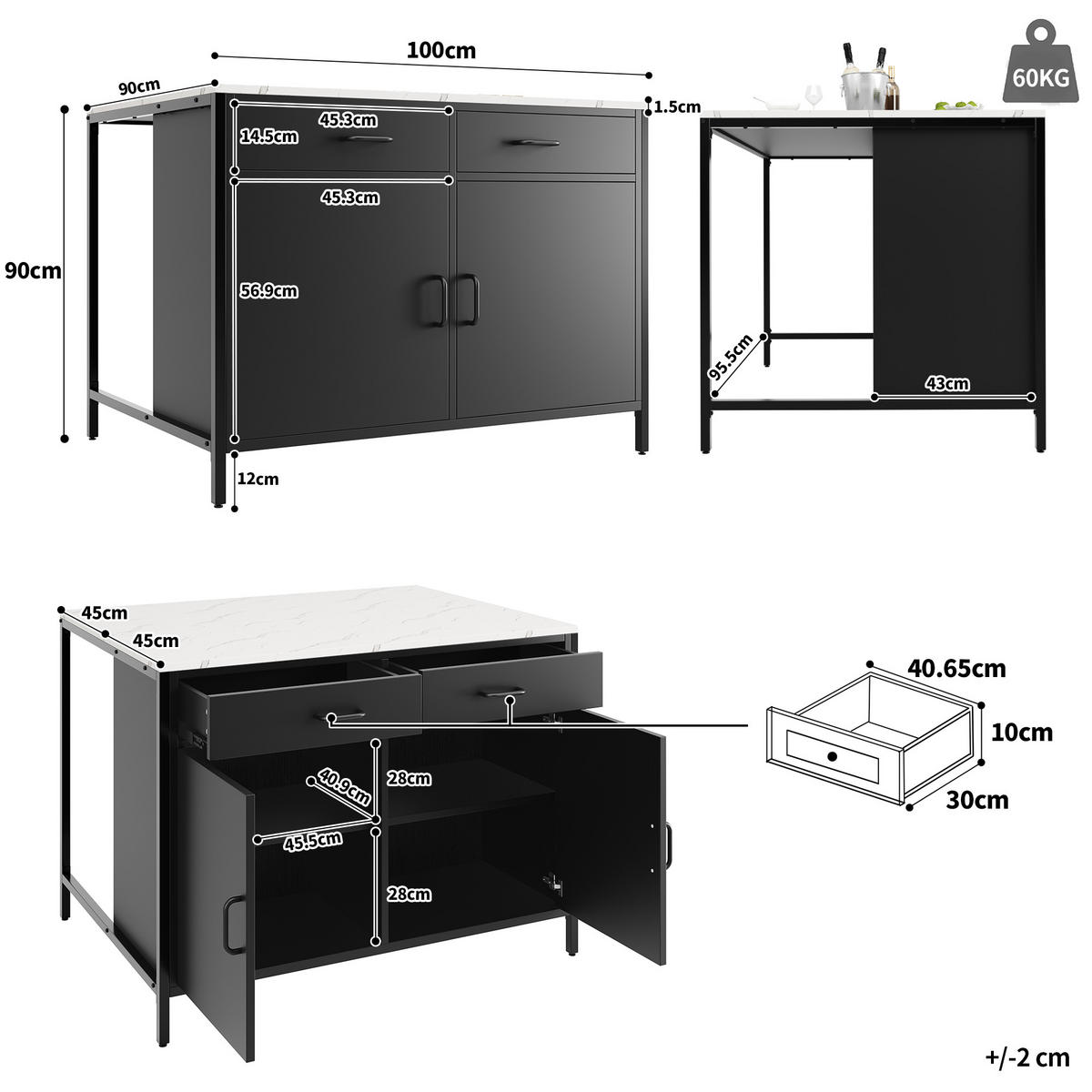 STEHTISCH 100x90x90cm Schwarz Marmoroptik mit 2 Schubladen & Eisenbeinen - Schwarz, Holzwerkstoff (100/90/90cm) - Modfu
