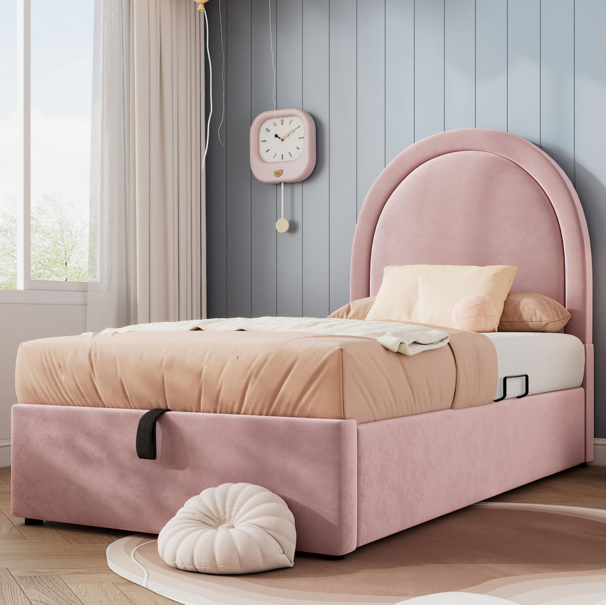 POLSTERBETT 90/190 cm Rosa Samt mit hydraulischem Lattenrost ohne Matratze - Rosa, Textil (90/190cm) - MIVRAY