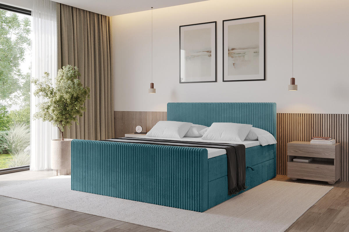 BOXBETT mit Matratze H4 und Lattenrost - TOLO-Z - 200x200 Cord - Blau - Blau, Holzwerkstoff (200/200cm) - ALTDECOR