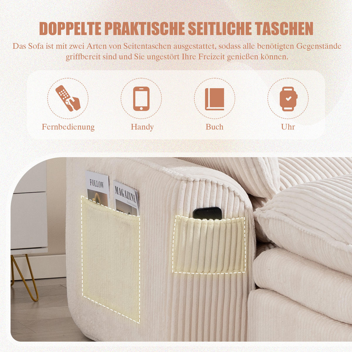 WOHNLANDSCHAFT Cord Beige mit Kissen, Hocker und Seitentaschen - Beige, Textil (335/85/167cm) - WISHDOR