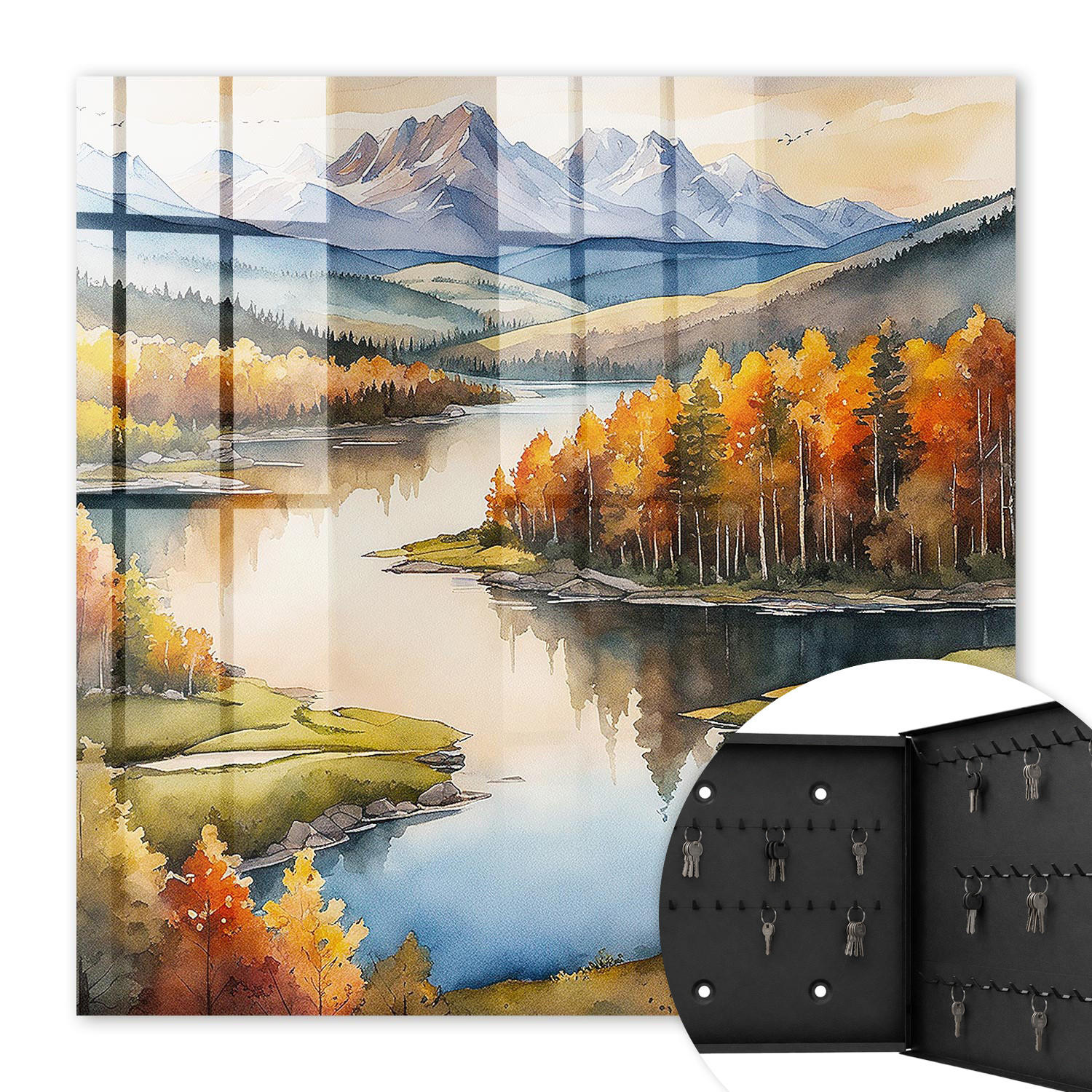 SCHLÜSSELBOX Schwarz 30x30 cm- Türöffnung nach rechts - Herbstliche Berge - Orange, Metall (30/30/5cm) - TULUP