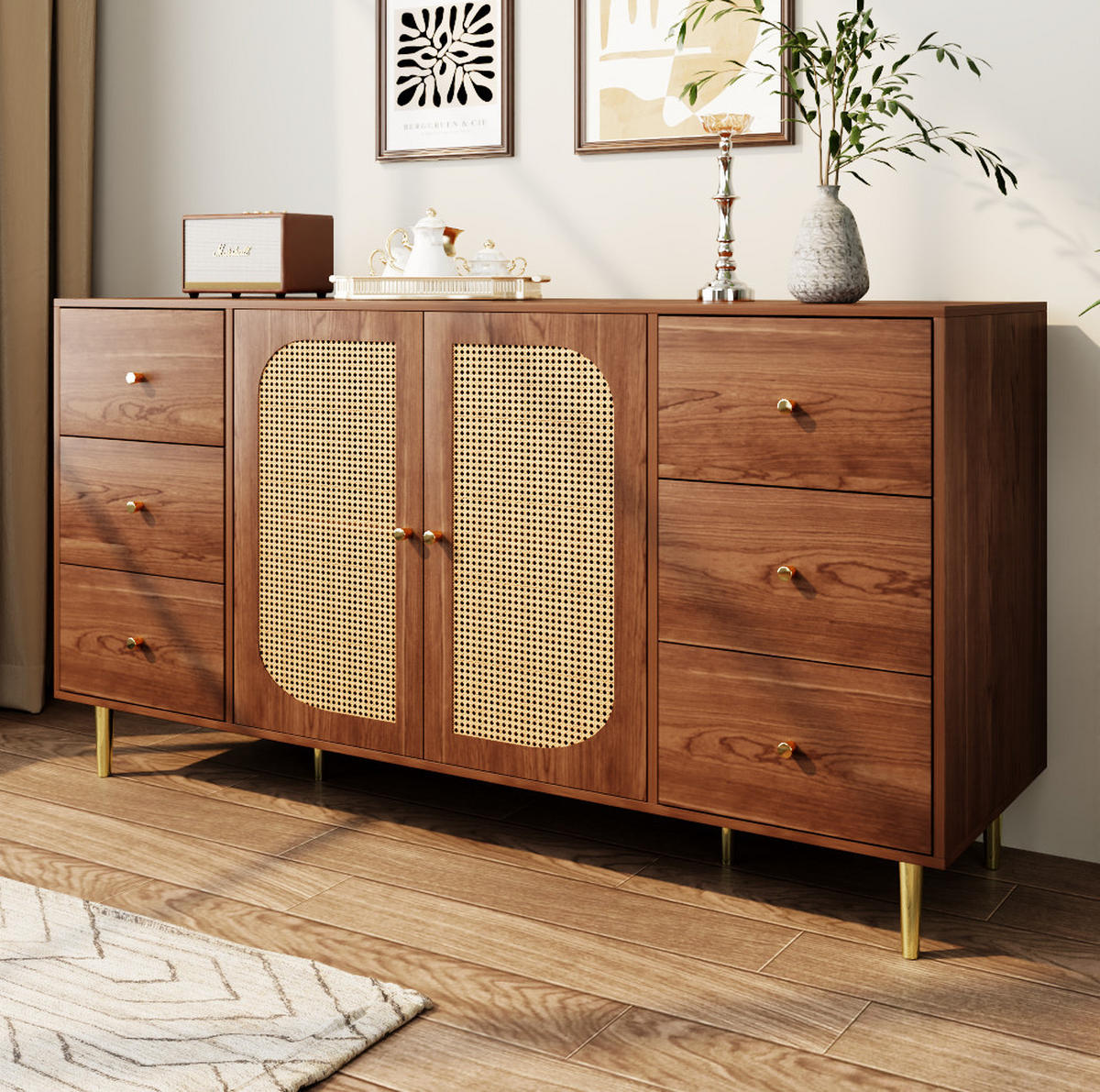 SIDEBOARD 160/40/90 cm, 6 Schubladen und Rattantüren, MDF in Wood-Optik, Naturfarben - Naturfarben, Holzwerkstoff (160/90/40cm) - Redom