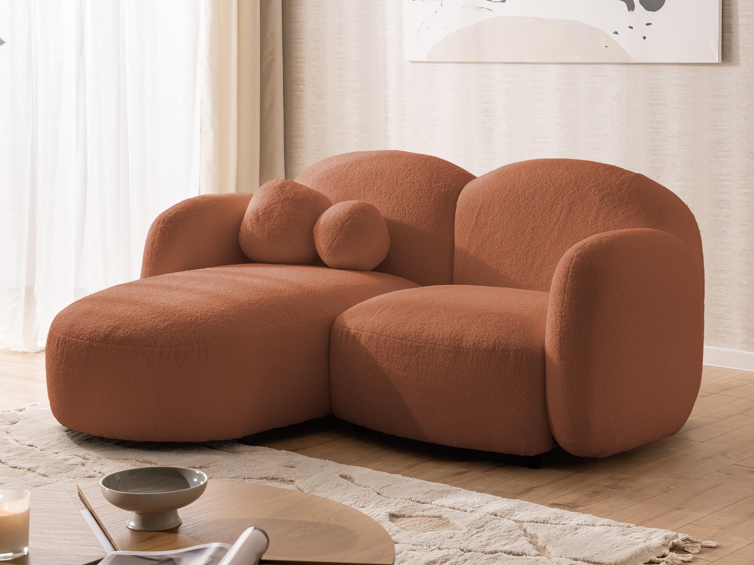 ECKSOFA Nuvola mit abgerundetem Design Terrakotta Bouclé-Stoff - Ottomane Links - Terra cotta/Schwarz, Holz/Kunststoff (190/146cm) - S-Style Möbel
