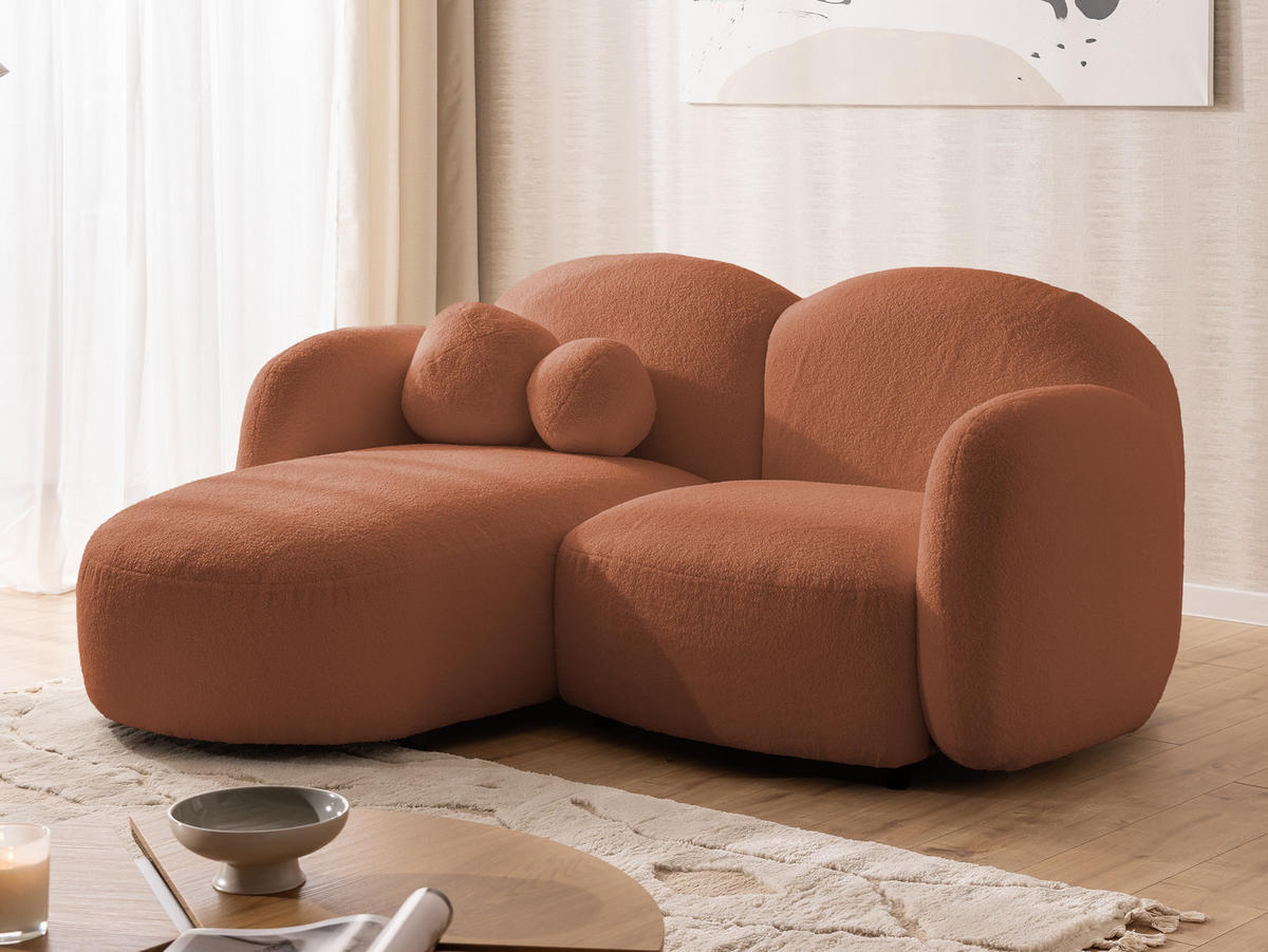 ECKSOFA Nuvola mit abgerundetem Design Terrakotta Bouclé-Stoff - Ottomane Links - Terra cotta/Schwarz, Holz/Kunststoff (190/146cm) - S-Style Möbel