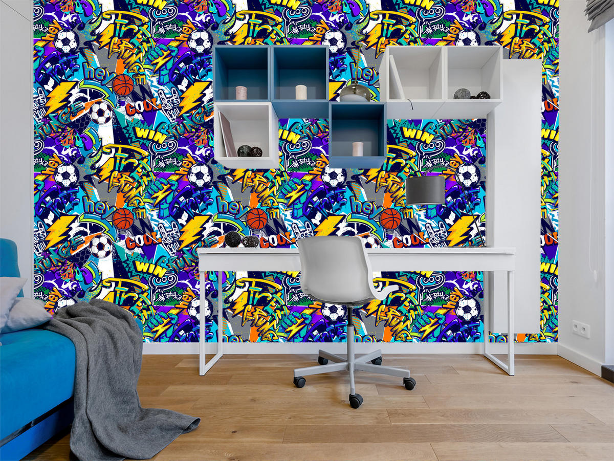 VLIESTAPETE Fußball-Graffiti – Blau, Gelb, Bunt – 50x1000 cm - Blau/Gelb, Papier (50/1000cm) - Muralo