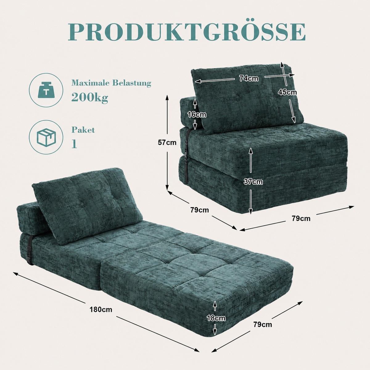 SCHLAFSESSEL Smaragdgrün mit Kissen, Chenille - Grün, Textil/Metall (79/57/79cm) - CHICFURN