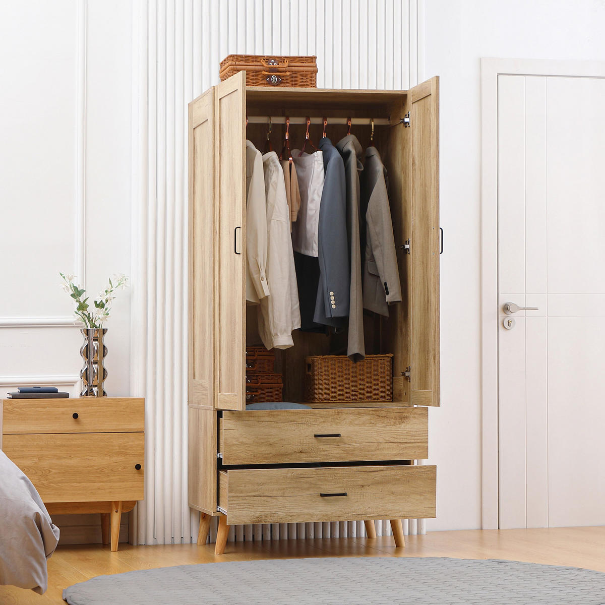 KLEIDERSCHRANK DE-17167 2 Türen & 2 Schubladen mit Kleiderstange Natur - Naturfarben, Holzwerkstoff (54/180/80cm) - ComfortXL
