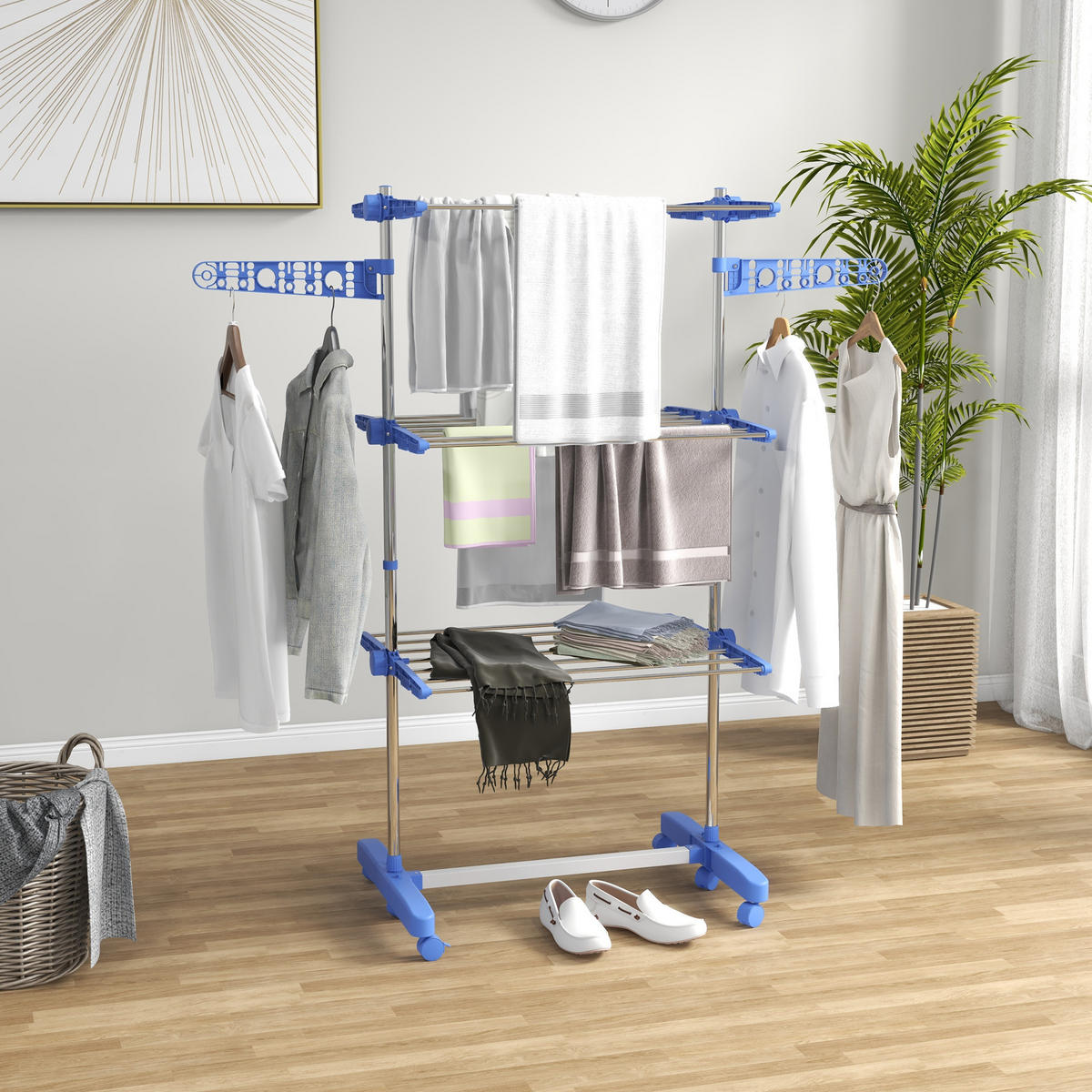 WÄSCHESTÄNDER DE-09792 4 Ebenen klappbar mit 6 Rollen Blau+Silber - Blau, Metall (142/152/55cm) - ComfortXL