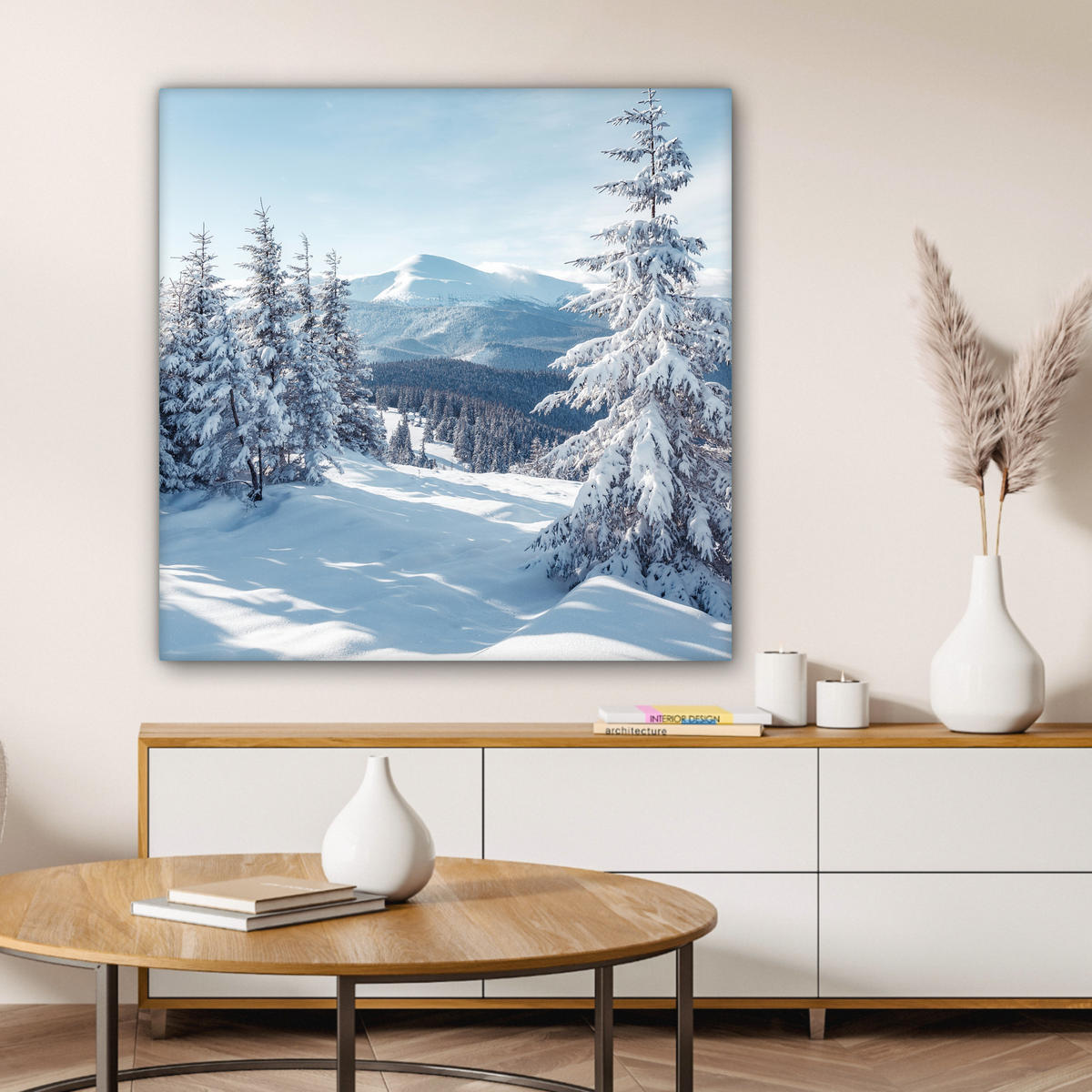LEINWANDBILD Winterlandschaft - Natur - Berge - Bäume - Schnee 90x90 cm - Hellblau, Textil (90/90cm) - MuchoWow