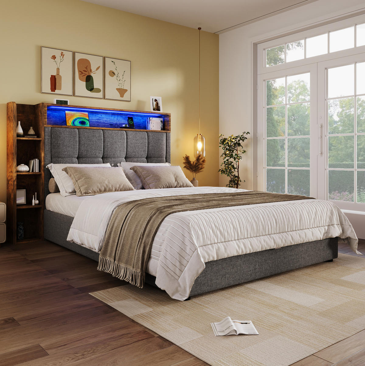 POLSTERBETT 90/200 cm Grau mit Stauraum, LED-Beleuchtung und USB-Anschlüssen - Grau, Textil (90/200cm) - Flora Grace