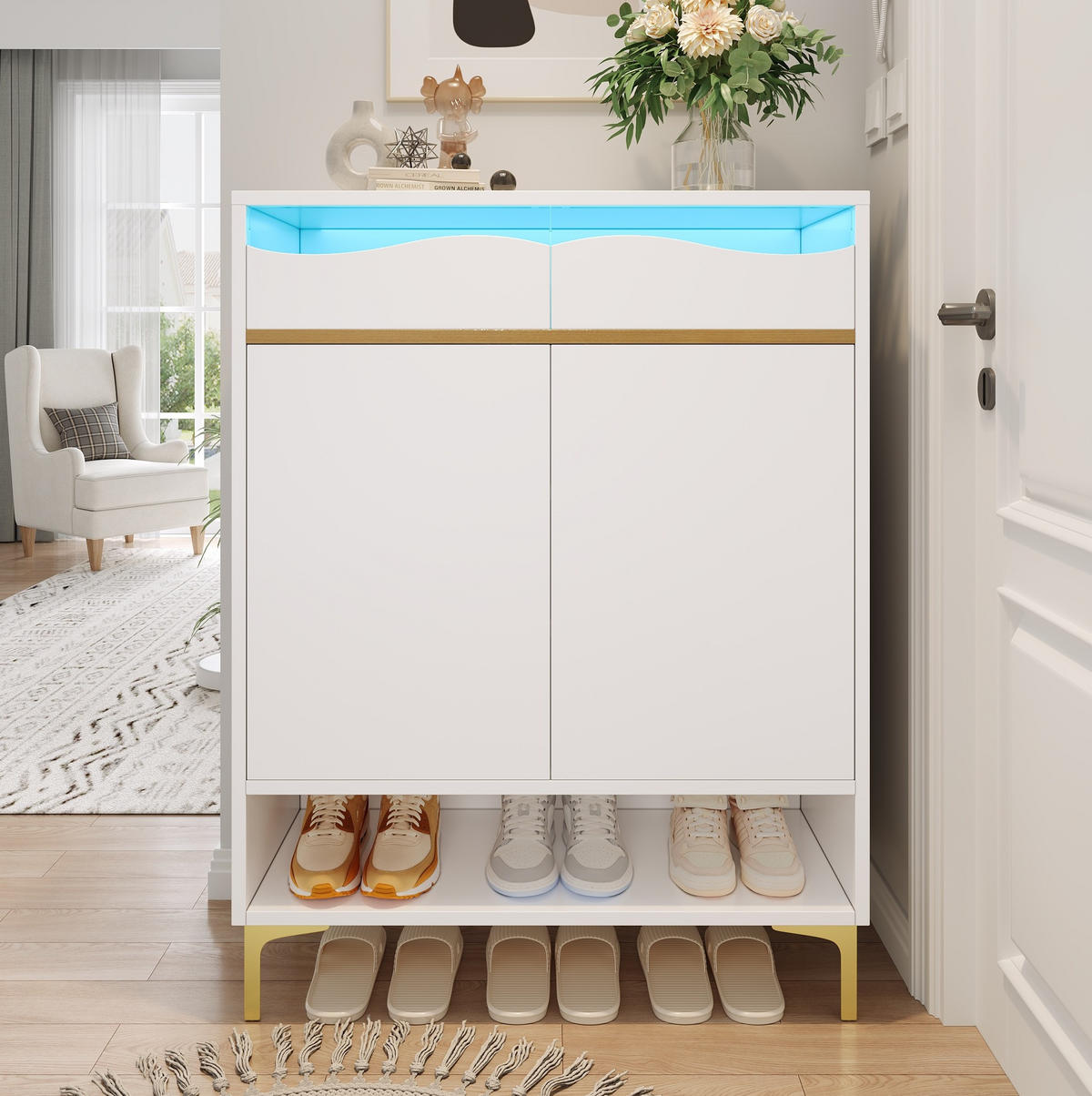 SCHUHSCHRANK 80/35/105 cm Weiß aus MDF und Spanplatte mit LED - Weiß, Holzwerkstoff (80/105/35cm) - OKWISH